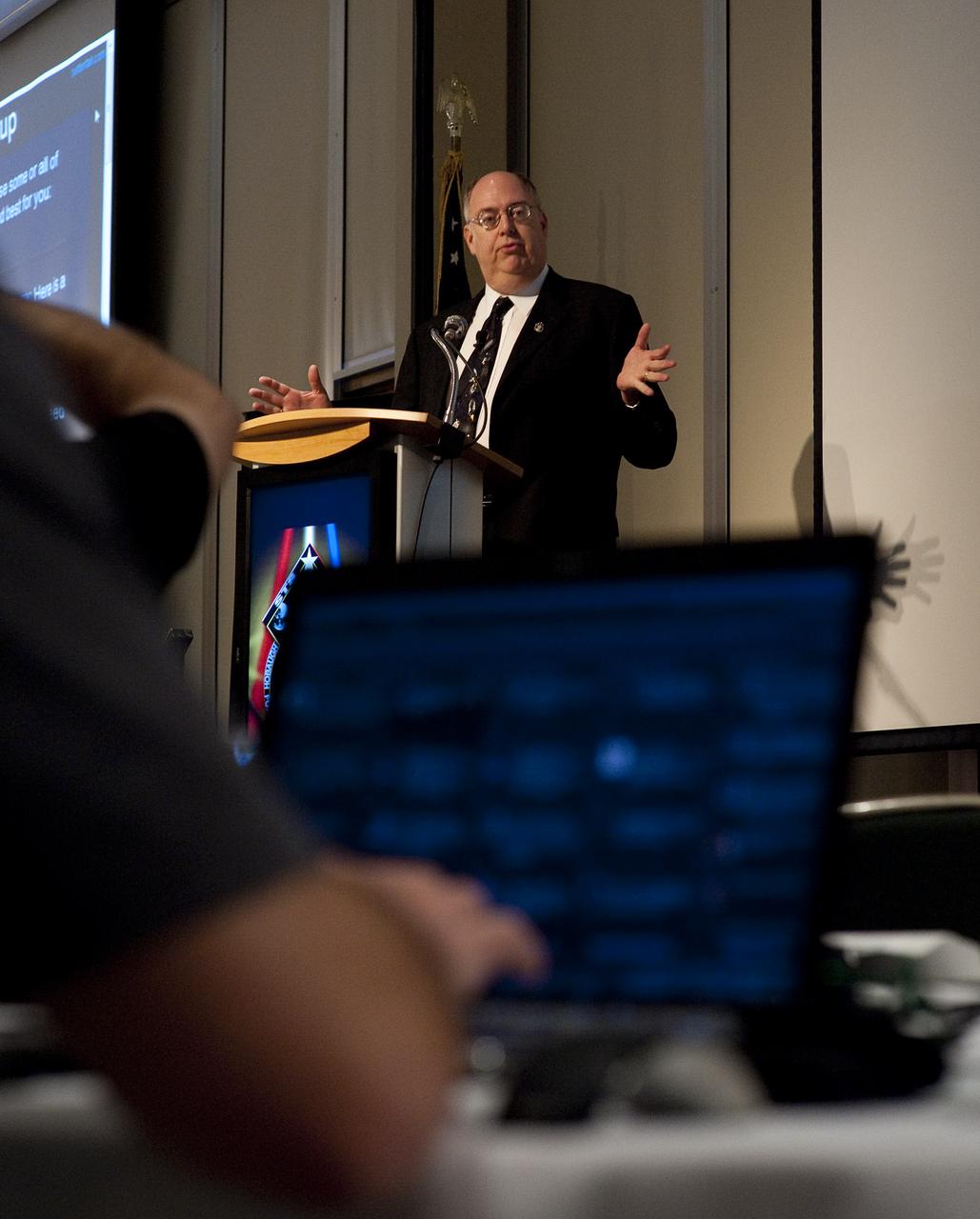 Wayne Hale, NASA strategic program planning manager speaks during a two-day NASA Tweetup event held at NASA's Kennedy Space Center in Cape Canaveral, Fla, Sunday, Nov. 15, 2009. NASA Twitter followers in attendance will have the opportunity to take a tour of NASA's Kennedy Space Center, view the STS-129 space shuttle launch and speak with shuttle technicians, engineers, astronauts and managers.  Photo Credit: (NASA/Carla Cioffi)