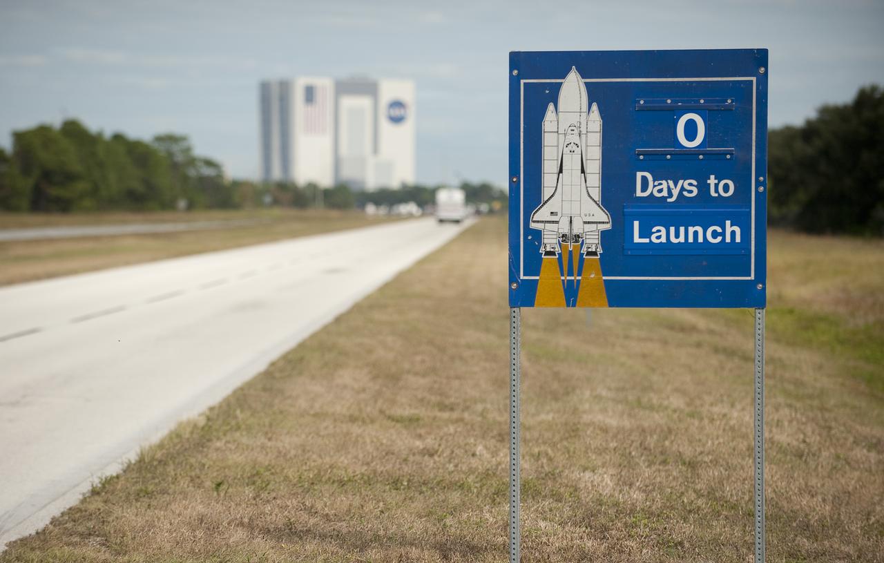 A launch countdown sign is seen along the road at NASA's Kennedy Space Center on Monday, Nov. 16, 2009, Cape Canaveral, FL.  The space shuttle Atlantis is scheduled to launch at 2:28 p.m. EST Nov. 16.  Photo Credit: (NASA/Bill Ingalls)