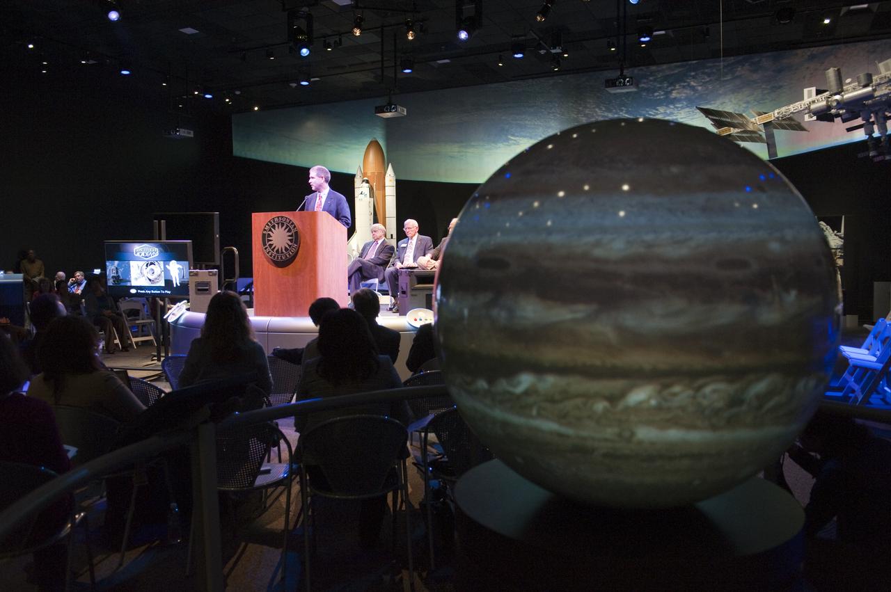 STS-125 astronaut John Grunsfeld speaks during a press briefing at the new "Moving Beyond Earth," a new exhibition at the National Air and Space Museum in Washingon, Wednesday, Nov. 18, 2009. Moving Beyond Earth is an immersive exhibition that places visitors ‚Äúin orbit‚Äù in the shuttle and space-station era to explore recent human spaceflight and future possibilities.  Photo Credit: (NASA/Paul E. Alers)