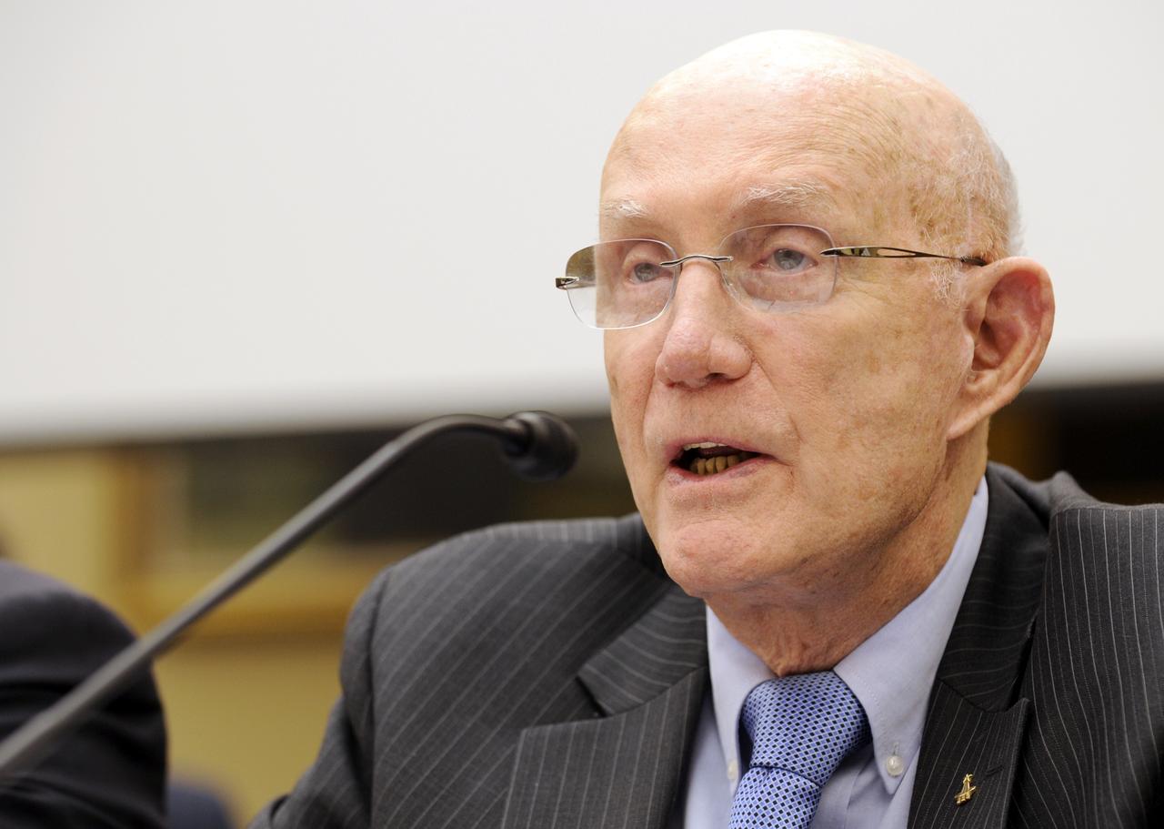 Reitred astronaut Lt. Gen. Thomas Stafford testifies during a hearing before the House Subcommitte on Space and Aeronautics regarding Safety of Human Spaceflight on Capitol Hill, Wednesday, Dec. 2, 2009, in Washington.  Photo Credit: (NASA/Bill Ingalls)