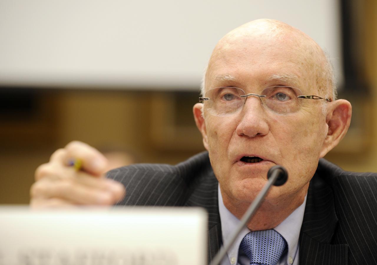 Reitred astronaut Lt. Gen. Thomas Stafford testifies during a hearing before the House Subcommitte on Space and Aeronautics regarding Safety of Human Spaceflight on Capitol Hill, Wednesday, Dec. 2, 2009, in Washington.  Photo Credit: (NASA/Bill Ingalls)