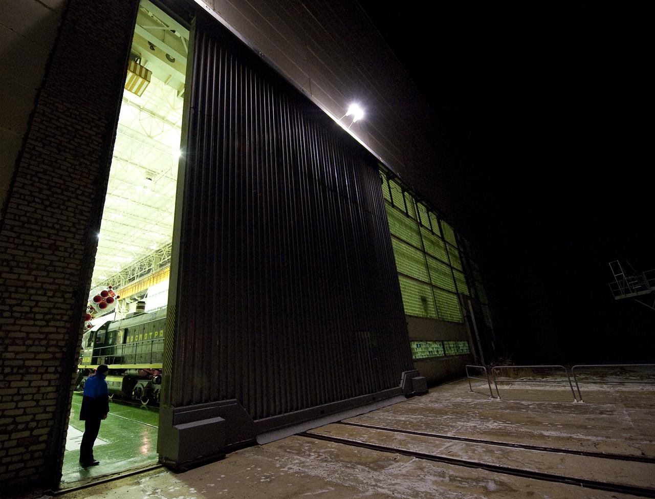 The Soyuz TMA-17 spacecraft is rolled out by train to the launch pad at the Baikonur Cosmodrome, Kazakhstan, Friday, Dec. 18, 2009.  The launch of the Soyuz spacecraft with Expedition 22 NASA Flight Engineer Timothy J. Creamer of the U.S., Soyuz Commander Oleg Kotov of Russia and Flight Engineer Soichi Noguchi of Japan, is scheduled for Monday, Dec., 21, 2009 at 3:52a.m. Kazakhstan time.  Photo Credit (NASA/Bill Ingalls)