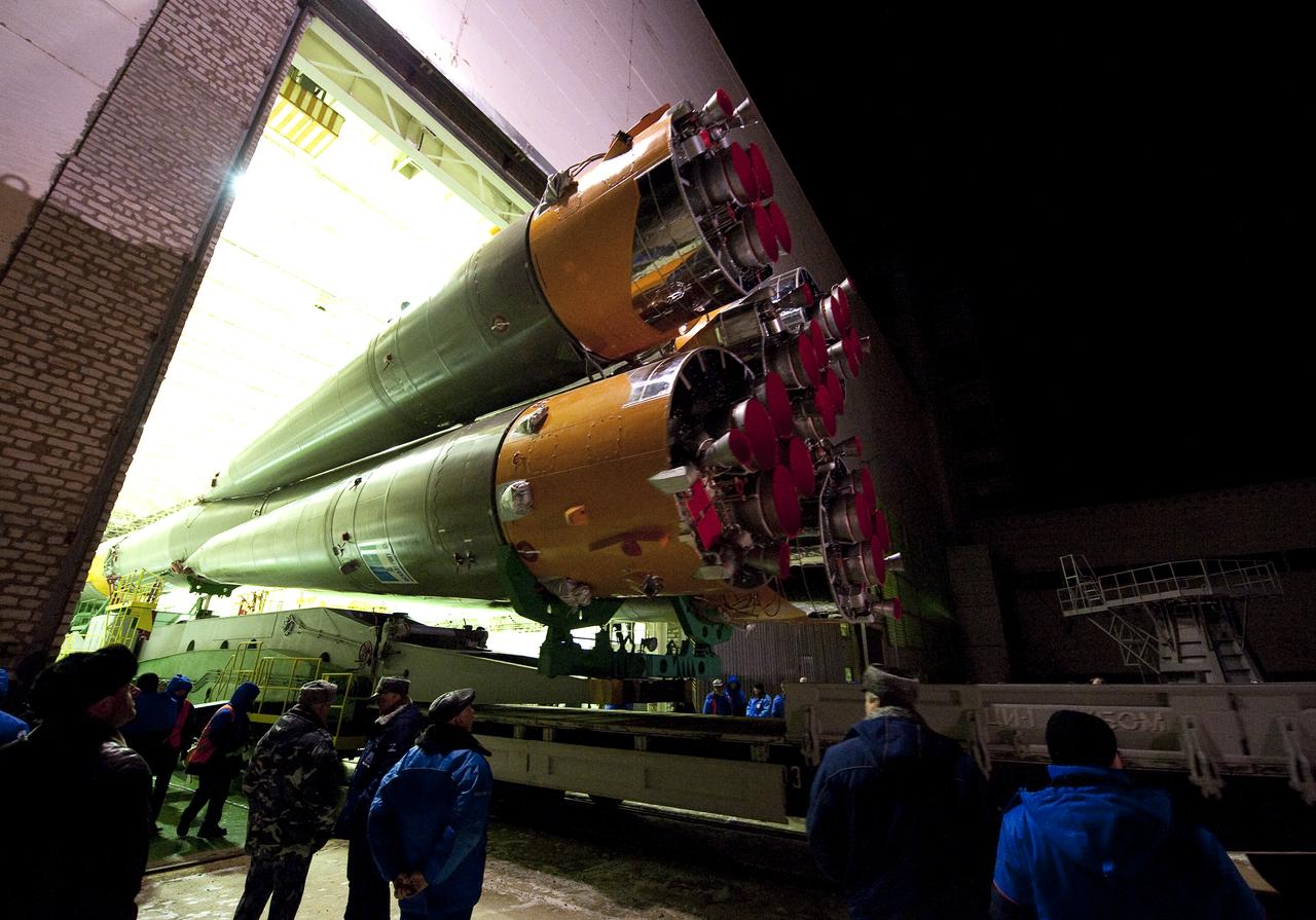 The Soyuz TMA-17 spacecraft is rolled out by train to the launch pad at the Baikonur Cosmodrome, Kazakhstan, Friday, Dec. 18, 2009.  The launch of the Soyuz spacecraft with Expedition 22 NASA Flight Engineer Timothy J. Creamer of the U.S., Soyuz Commander Oleg Kotov of Russia and Flight Engineer Soichi Noguchi of Japan, is scheduled for Monday, Dec., 21, 2009 at 3:52a.m. Kazakhstan time.  Photo Credit (NASA/Bill Ingalls)
