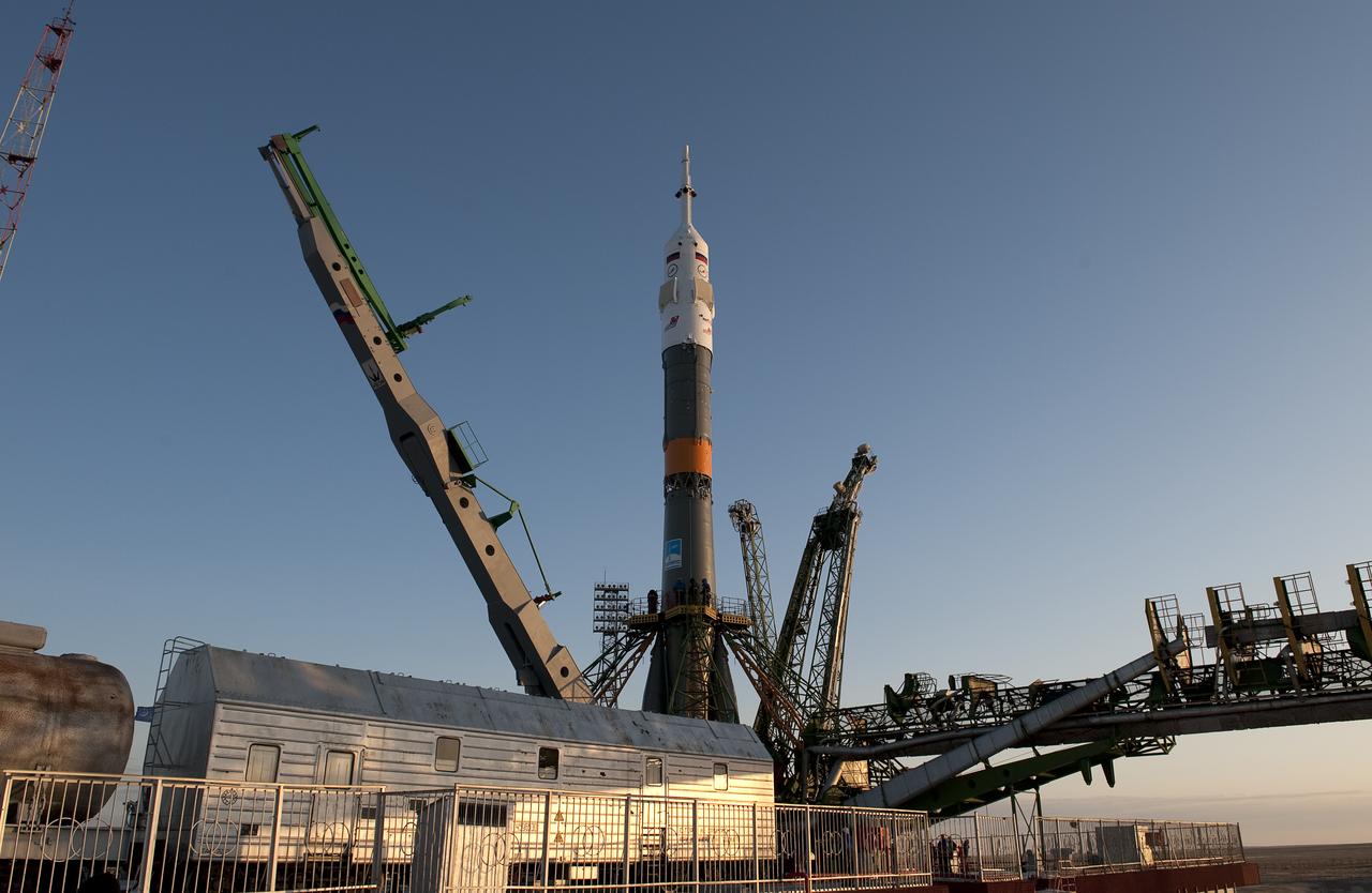 The Soyuz TMA-17 spacecraft is raised into vertical position at the launch pad of the Baikonur Cosmodrome, Kazakhstan, Friday, Dec. 18, 2009.  The launch of the Soyuz spacecraft with Expedition 22 NASA Flight Engineer Timothy J. Creamer of the U.S., Soyuz Commander Oleg Kotov of Russia and Flight Engineer Soichi Noguchi of Japan, is scheduled for Monday, Dec., 21, 2009 at 3:52a.m. Kazakhstan time.  Photo Credit (NASA/Bill Ingalls)