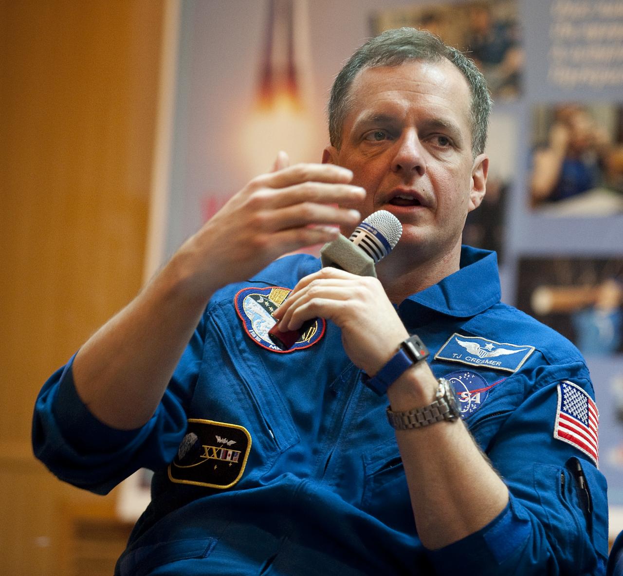 Expedition 22 NASA Flight Engineer Timothy J. Creamer answers a reporter's question during a press conference held at the Cosmonaut Hotel in Baikonur, Kazakhstan, Saturday, Dec., 19, 2009. The launch of the Soyuz spacecraft with Expedition 22 NASA Flight Engineer Timothy J. Creamer of the U.S., Soyuz Commander Oleg Kotov of Russia and Flight Engineer Soichi Noguchi of Japan, is scheduled for Monday, Dec., 21, 2009 at 3:52a.m. Kazakhstan time.  Photo Credit (NASA/Bill Ingalls)
