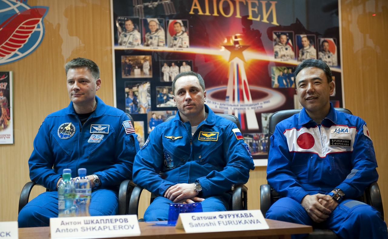 Expedition 22 backup crew members, from left, NASA’s Doug Wheelock, Russian Anton Shkaplerov and Japan’s Satoshi Furakawa are seen during during a press conference held at the Cosmonaut Hotel in Baikonur, Kazakhstan, Saturday, Dec., 19, 2009. The launch of the Soyuz spacecraft with Expedition 22 NASA Flight Engineer Timothy J. Creamer of the U.S., Soyuz Commander Oleg Kotov of Russia and Flight Engineer Soichi Noguchi of Japan, is scheduled for Monday, Dec., 21, 2009 at 3:52a.m. Kazakhstan time.  Photo Credit (NASA/Bill Ingalls)