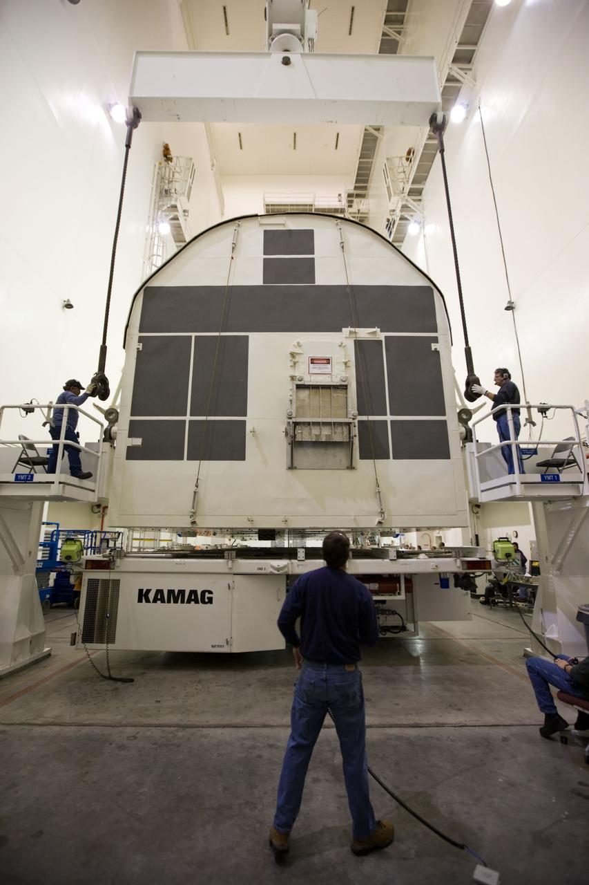 STS-130 PAYLOAD CANISTER TURN FROM HORIZONAL TO VERTICAL