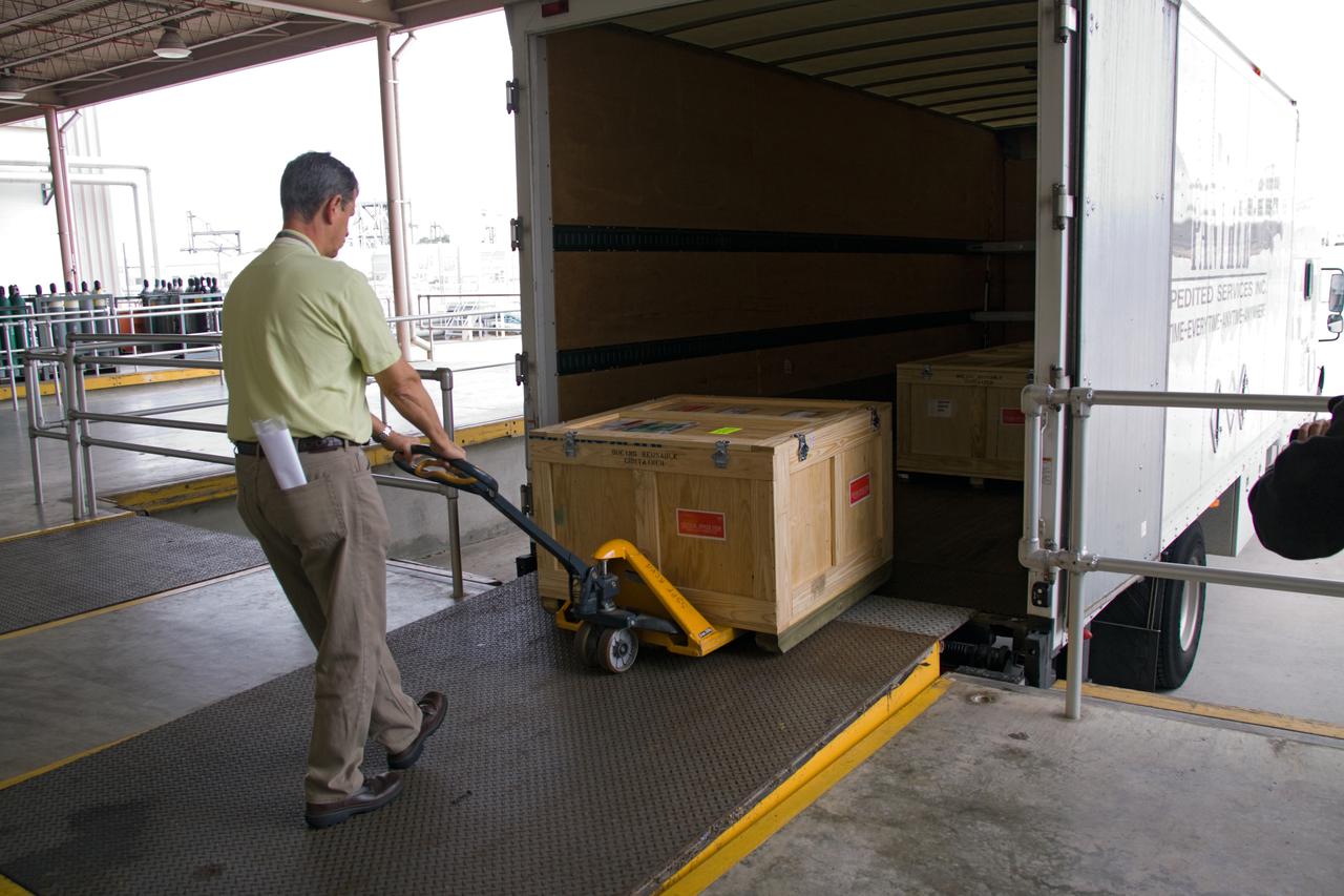 CAPE CANAVERAL, Fla. – Replacement high-pressure ammonia jumper hoses to support space shuttle Endeavour's STS-130 mission are delivered to the Space Station Processing Facility at NASA's Kennedy Space Center in Florida.  A problem arose during a prelaunch test Jan. 7 with one of four hoses that are needed to connect the ammonia loops of the International Space Station's Tranquility node to those of the Destiny laboratory.  A decision was made to use an alternate hose design for use as the primary jumper.  The new hoses are assembled from shorter hoses that were previously certified and tested.  Connection of the modules requires two ammonia loops, with two lines apiece, each of which must be connected to both Tranquility and Destiny to route cooling to and from the Tranquility module.  The primary payload for the STS-130 mission, Tranquility is a pressurized module that will provide additional room for crew members and many of the station's life support and environmental control systems. The node was built in Turin, Italy, by Thales Alenia Space for the European Space Agency.  Endeavour's launch is set for Feb. 7.  For information on the STS-130 mission and crew, visit http:__www.nasa.gov_mission_pages_shuttle_shuttlemissions_sts130_index.html.  Photo credit: NASA_Jack Pfaller