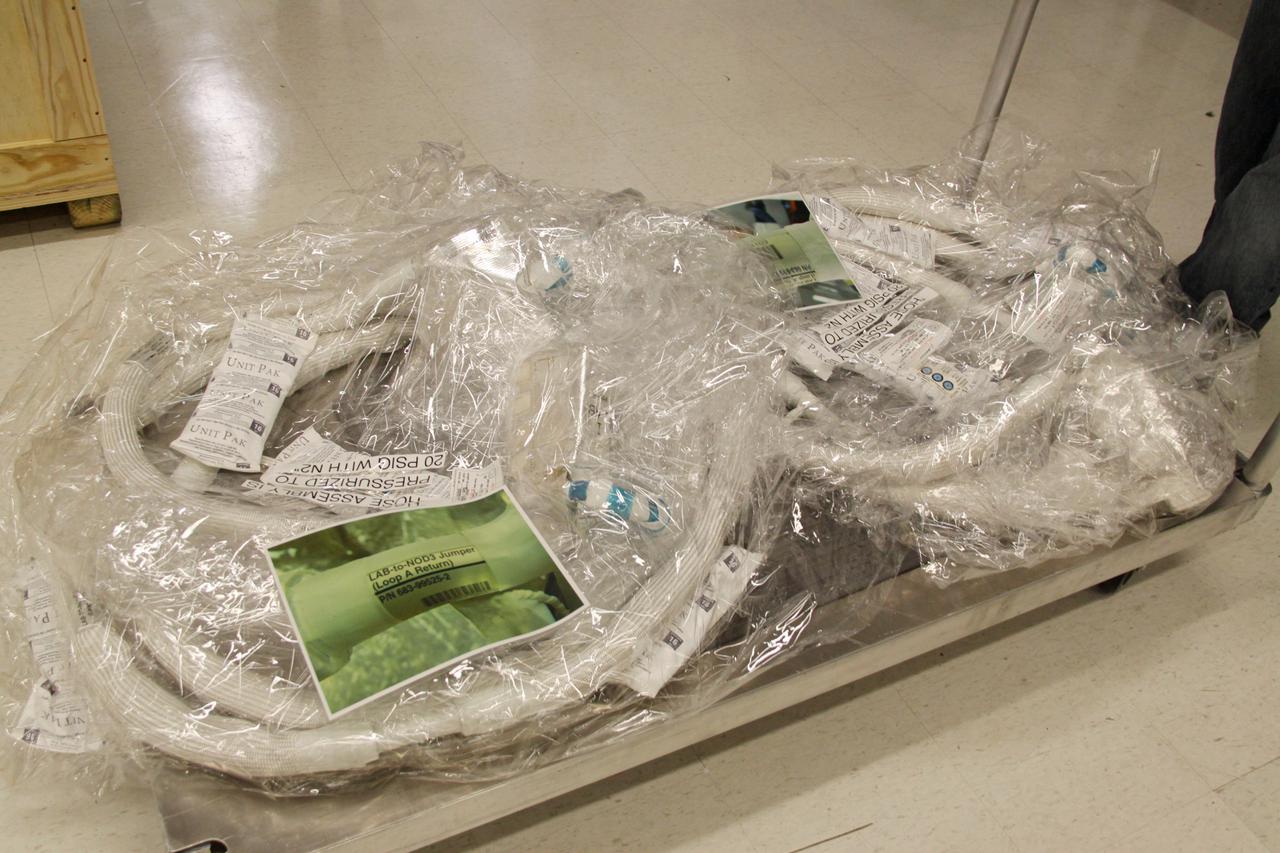 CAPE CANAVERAL, Fla. – The newly arrived replacement high-pressure ammonia jumper hoses to support space shuttle Endeavour's STS-130 mission are ready for processing in the Space Station Processing Facility at NASA's Kennedy Space Center in Florida.  A problem arose during a prelaunch test Jan. 7 with one of four hoses that are needed to connect the ammonia loops of the International Space Station's Tranquility node to those of the Destiny laboratory.  A decision was made to use an alternate hose design for use as the primary jumper.  The new hoses are assembled from shorter hoses that were previously certified and tested.  Connection of the modules requires two ammonia loops, with two lines apiece, each of which must be connected to both Tranquility and Destiny to route cooling to and from the Tranquility module.  The primary payload for the STS-130 mission, Tranquility is a pressurized module that will provide additional room for crew members and many of the station's life support and environmental control systems. The node was built in Turin, Italy, by Thales Alenia Space for the European Space Agency.  Endeavour's launch is set for Feb. 7.  For information on the STS-130 mission and crew, visit http:__www.nasa.gov_mission_pages_shuttle_shuttlemissions_sts130_index.html.  Photo credit: NASA_Jack Pfaller