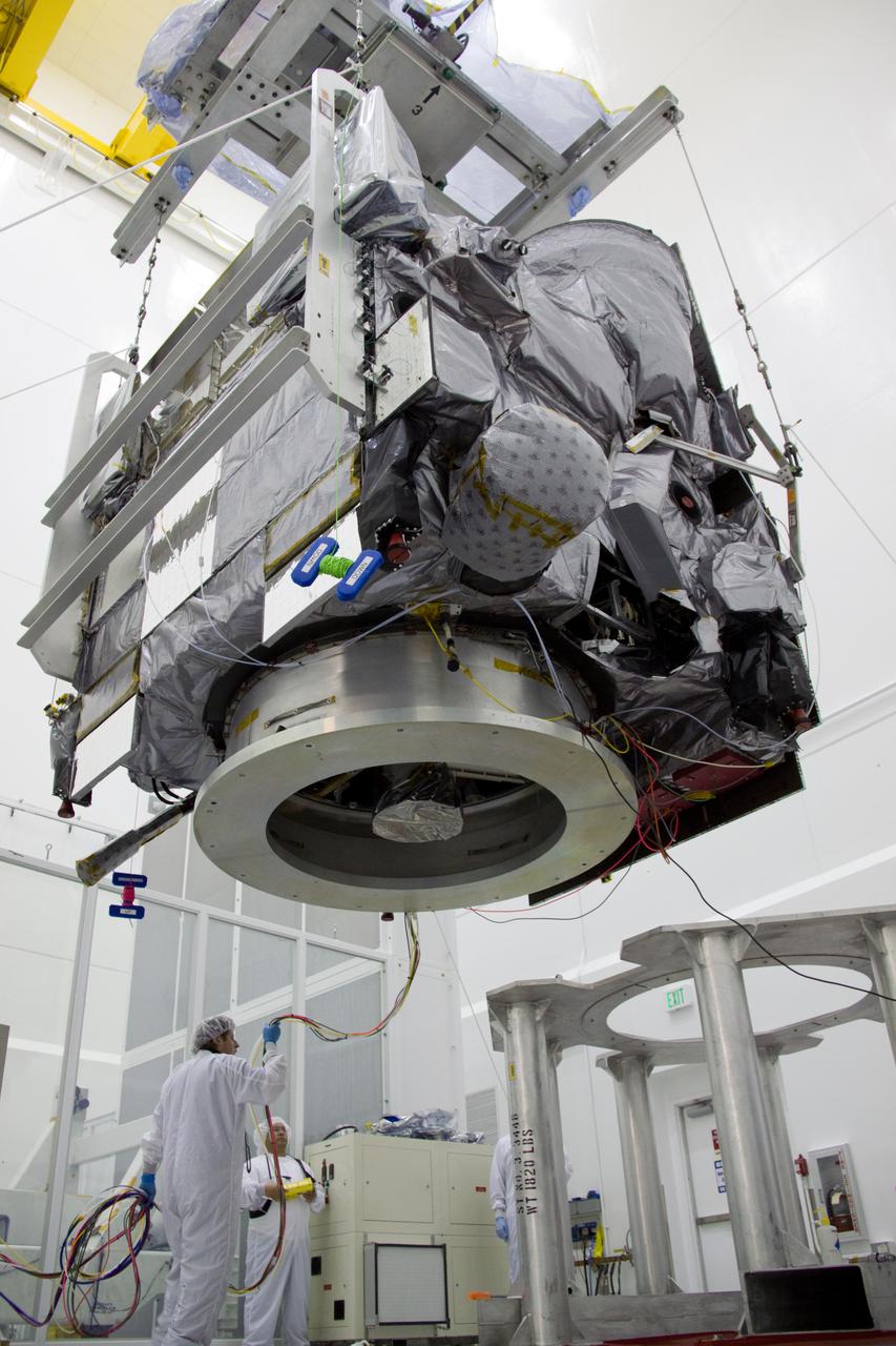 CAPE CANAVERAL, Fla. – At the Astrotech Space Operations facility in Titusville, Fla., NASA's GOES-P meteorological satellite is lifted toward a fueling stand.  The spacecraft will be loaded with the propellant necessary for orbit maneuvers and the attitude control system.  GOES-P, the latest Geostationary Operational Environmental Satellite, was developed by NASA for the National Oceanic and Atmospheric Administration, or NOAA.  GOES-P is designed to watch for storm development and observed current weather conditions on Earth.  Launch of GOES-P is targeted for March 1 from Launch Complex 37 aboard a United Launch Alliance Delta IV rocket.  For information on GOES-P, visit http:__www.nasa.gov_mission_pages_GOES-P_main_index.html. Photo credit: NASA_Troy Cryder