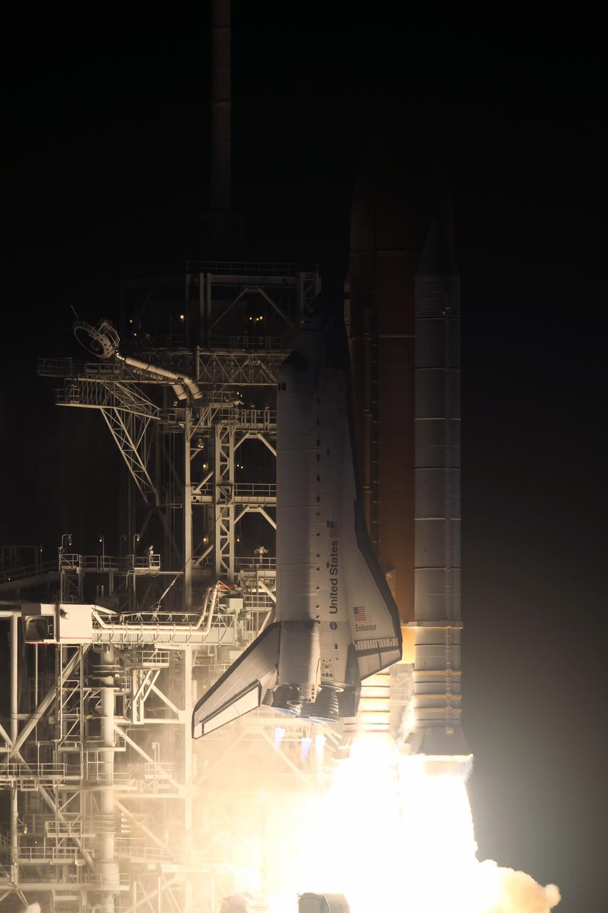 CAPE CANAVERAL, Fla. - Launch Pad 39A is illuminated by engine ignition on space shuttle Endeavour at NASA's Kennedy Space Center in Florida. Launch of the STS-130 mission to the International Space Station was at 4:14 a.m. EST. This was the second launch attempt for space shuttle Endeavour's STS-130 crew and the final scheduled space shuttle night launch. The first attempt on Feb. 7 was scrubbed due to unfavorable weather. The primary payload for the STS-130 mission to the International Space Station is the Tranquility node, a pressurized module that will provide additional room for crew members and many of the station's life support and environmental control systems. Attached to one end of Tranquility is a cupola, a unique work area with six windows on its sides and one on top. The cupola resembles a circular bay window and will provide a vastly improved view of the station's exterior. The multi-directional view will allow the crew to monitor spacewalks and docking operations, as well as provide a spectacular view of Earth and other celestial objects. The module was built in Turin, Italy, by Thales Alenia Space for the European Space Agency. For information on the STS-130 mission and crew, visit http:__www.nasa.gov_mission_pages_shuttle_shuttlemissions_sts130_index.html. Photo credit: NASA_Kenny Allen and Michael Gayle