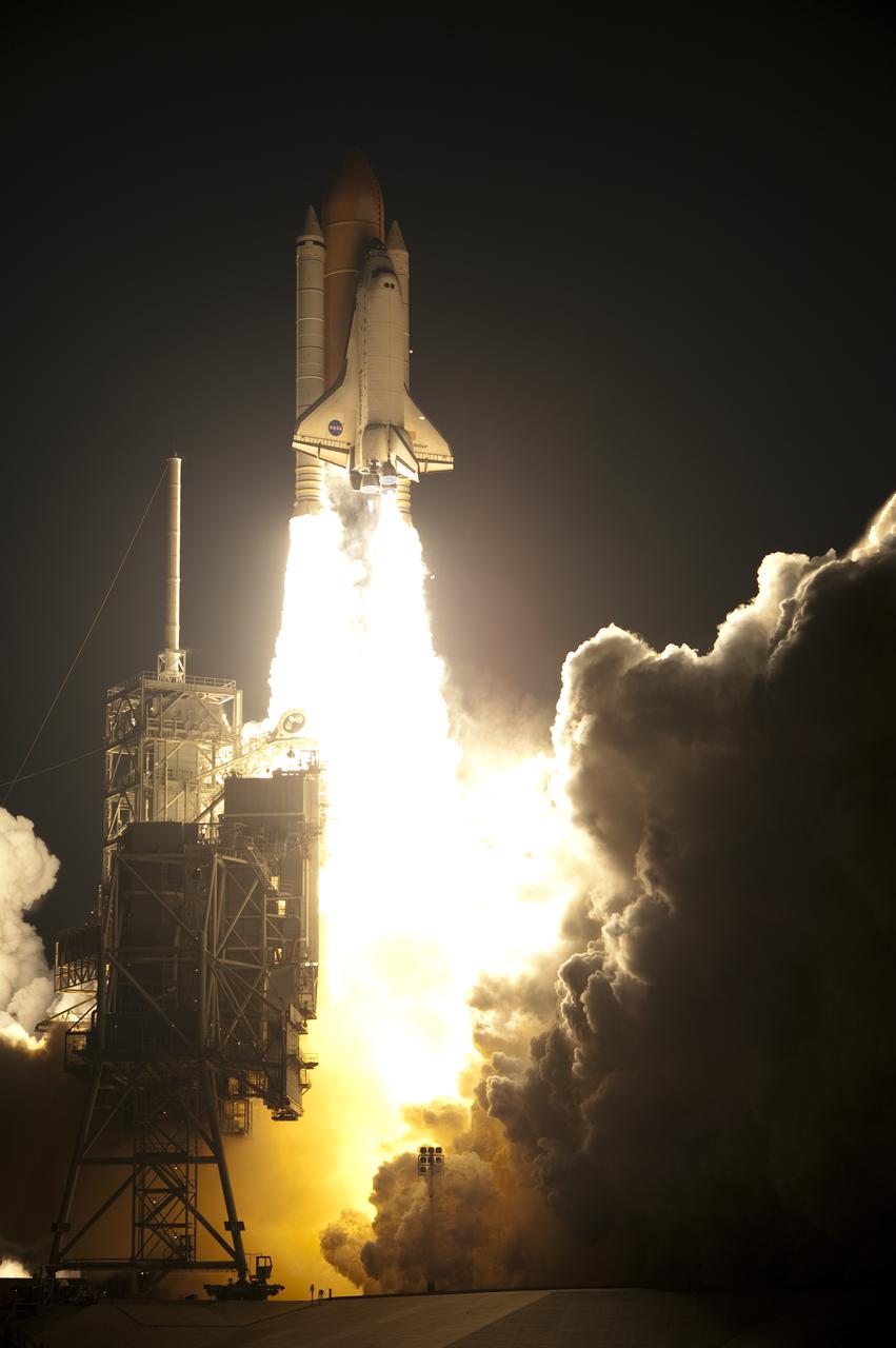 CAPE CANAVERAL, Fla. - Space shuttle Endeavour clears the tower on Launch Pad 39A at NASA's Kennedy Space Center in Florida.  Launch of the STS-130 mission to the International Space Station was at 4:14 a.m. EST.  This was the second launch attempt for space shuttle Endeavour's STS-130 crew and the final scheduled space shuttle night launch.  The first attempt on Feb. 7 was scrubbed due to unfavorable weather. The primary payload for the STS-130 mission to the International Space Station is the Tranquility node, a pressurized module that will provide additional room for crew members and many of the station's life support and environmental control systems. Attached to one end of Tranquility is a cupola, a unique work area with six windows on its sides and one on top.  The cupola resembles a circular bay window and will provide a vastly improved view of the station's exterior. The multi-directional view will allow the crew to monitor spacewalks and docking operations, as well as provide a spectacular view of Earth and other celestial objects. The module was built in Turin, Italy, by Thales Alenia Space for the European Space Agency.  For information on the STS-130 mission and crew, visit http:__www.nasa.gov_mission_pages_shuttle_shuttlemissions_sts130_index.html.  Photo credit: NASA_Sandra Joseph and Kevin O'Connell