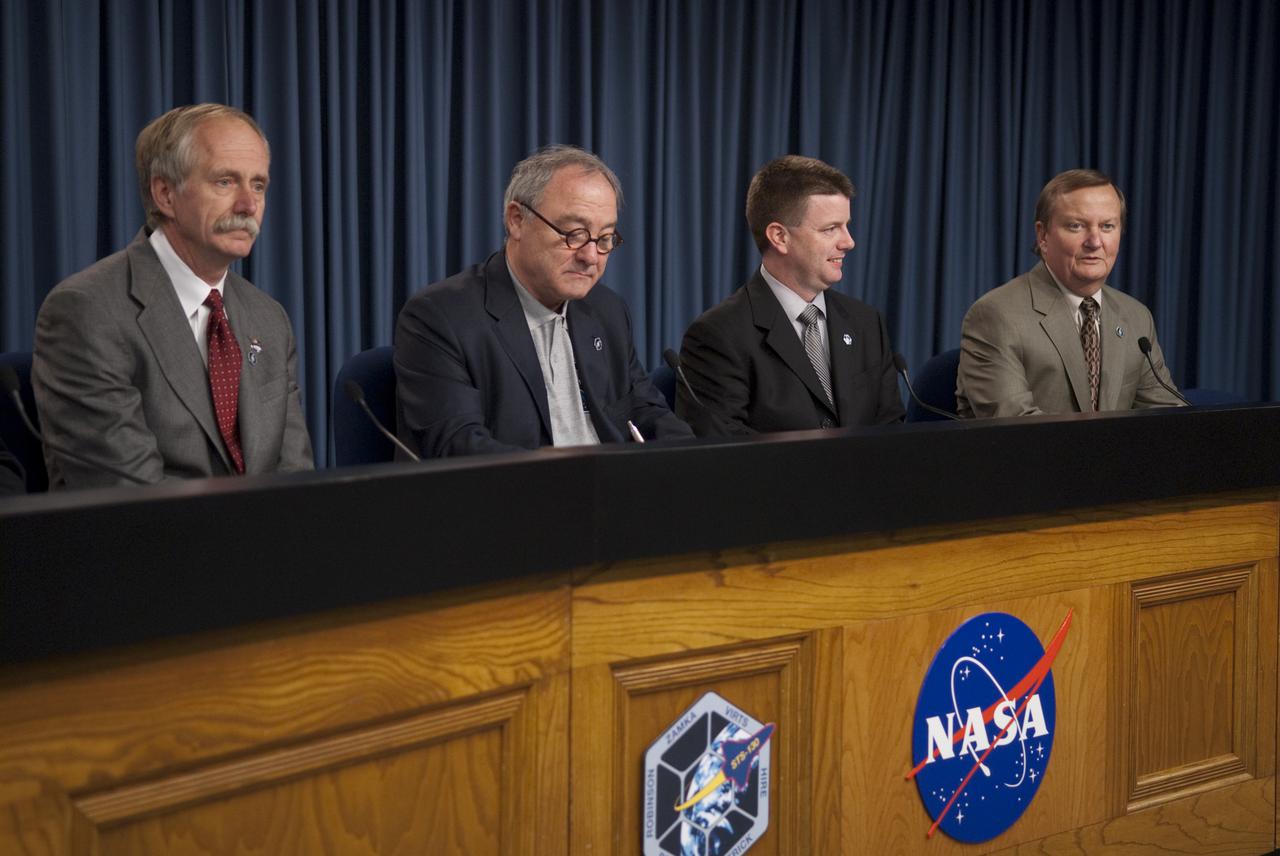 CAPE CANAVERAL, Fla. - NASA managers participate in a news conference in the Press Site auditorium at NASA's Kennedy Space Center in Florida following the successful launch of space shuttle Endeavour. From left are Bill Gerstenmaier, associate administrator for Space Operations; Jean-Jacques Dordain, European Space Agency director general; Mike Moses, shuttle launch integration manager; and Mike Leinbach, shuttle launch director.  Launch of the STS-130 mission to the International Space Station was at 4:14 a.m. EST.  This was the second launch attempt for space shuttle Endeavour's STS-130 crew and the final scheduled space shuttle night launch.  The first attempt on Feb. 7 was scrubbed due to unfavorable weather. The primary payload for the STS-130 mission to the International Space Station is the Tranquility node, a pressurized module that will provide additional room for crew members and many of the station's life support and environmental control systems. Attached to one end of Tranquility is a cupola, a unique work area with six windows on its sides and one on top.  The cupola resembles a circular bay window and will provide a vastly improved view of the station's exterior. The multi-directional view will allow the crew to monitor spacewalks and docking operations, as well as provide a spectacular view of Earth and other celestial objects. The module was built in Turin, Italy, by Thales Alenia Space for the European Space Agency.  For information on the STS-130 mission and crew, visit http:__www.nasa.gov_mission_pages_shuttle_shuttlemissions_sts130_index.html.  Photo credit: Photo credit: NASA_Kim Shiflett