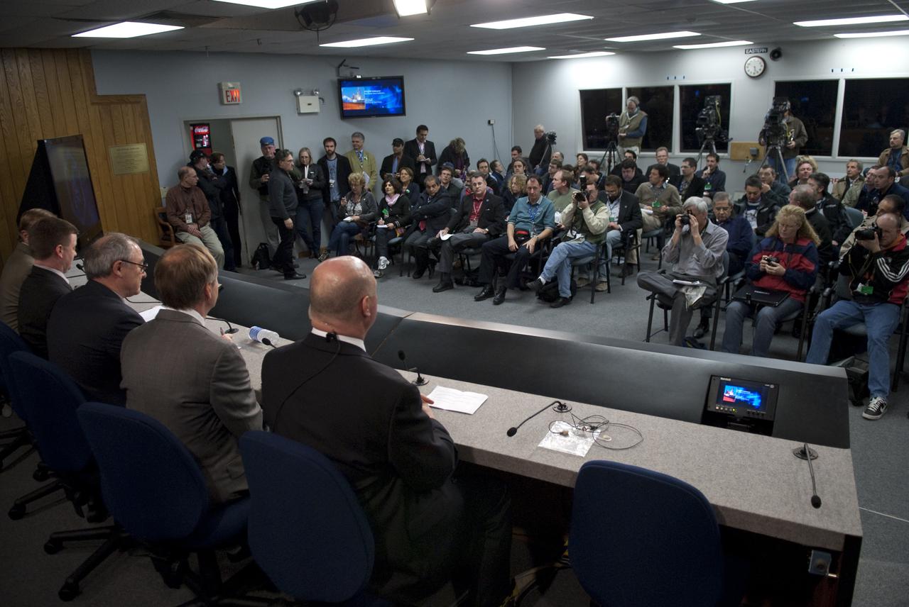 CAPE CANAVERAL, Fla. - Representatives from media outlets worldwide are given the opportunity to ask questions of NASA managers following the successful launch of space shuttle Endeavour during a news conference held in the Press Site auditorium at NASA's Kennedy Space Center in Florida.  Participating in the briefing are, from left with their backs to the camera, Mike Leinbach, shuttle launch director; Mike Moses, shuttle launch integration manager; Jean-Jacques Dordain, European Space Agency director general; Bill Gerstenmaier, associate administrator for Space Operations; and moderator Mike Curie, NASA Public Affairs.  Launch of the STS-130 mission to the International Space Station was at 4:14 a.m. EST.  This was the second launch attempt for space shuttle Endeavour's STS-130 crew and the final scheduled space shuttle night launch.  The first attempt on Feb. 7 was scrubbed due to unfavorable weather. The primary payload for the STS-130 mission to the International Space Station is the Tranquility node, a pressurized module that will provide additional room for crew members and many of the station's life support and environmental control systems. Attached to one end of Tranquility is a cupola, a unique work area with six windows on its sides and one on top.  The cupola resembles a circular bay window and will provide a vastly improved view of the station's exterior. The multi-directional view will allow the crew to monitor spacewalks and docking operations, as well as provide a spectacular view of Earth and other celestial objects. The module was built in Turin, Italy, by Thales Alenia Space for the European Space Agency.  For information on the STS-130 mission and crew, visit http:__www.nasa.gov_mission_pages_shuttle_shuttlemissions_sts130_index.html.  Photo credit: Photo credit: NASA_Kim Shiflett