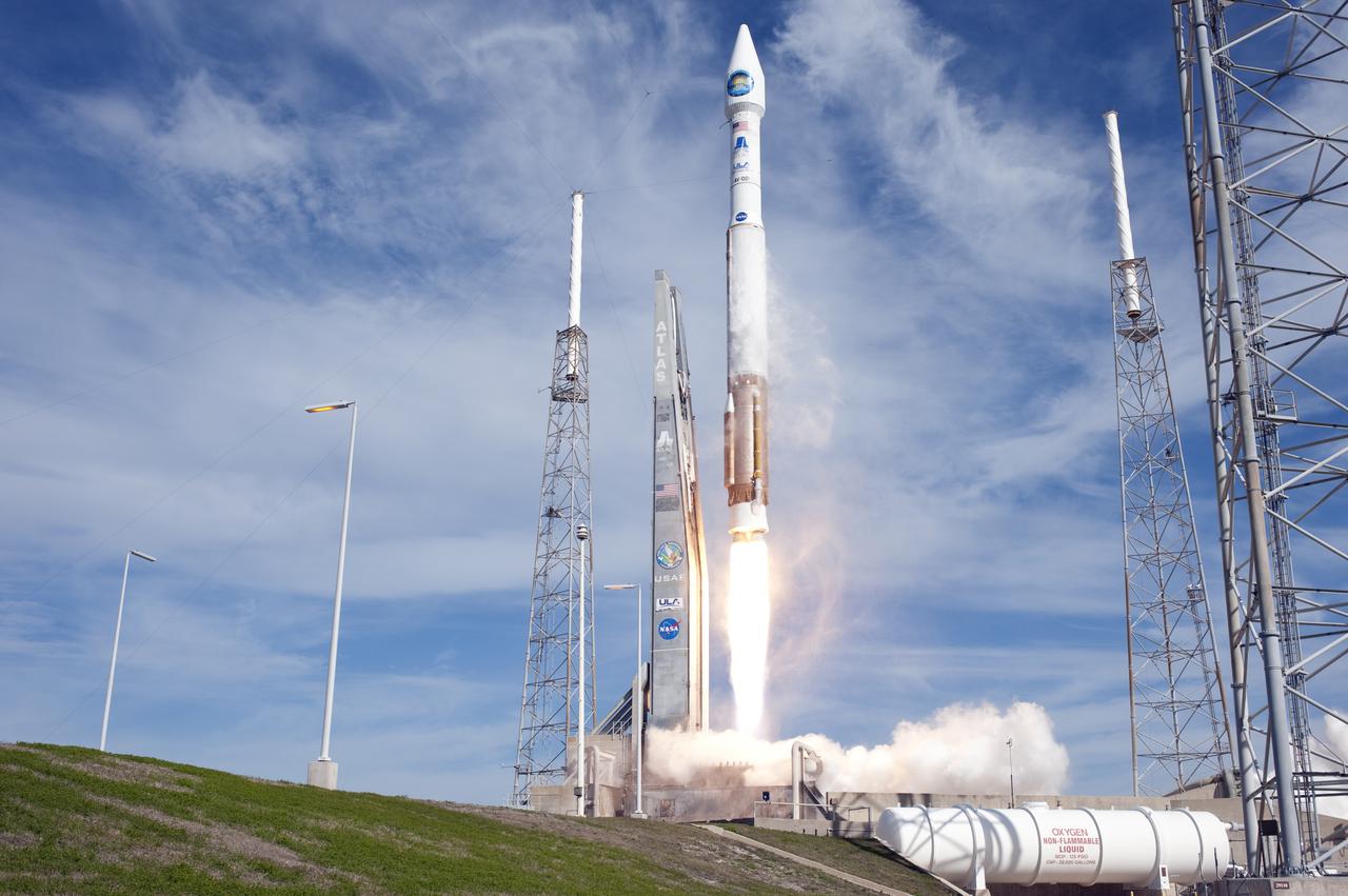 CAPE CANAVERAL, Fla. – The United Launch Alliance Atlas V rocket carrying NASA's Solar Dynamics Observatory heads into the 'wild blue yonder' from Launch Complex 41 on Cape Canaveral Air Force Station. Launch was at 10:23 a.m. EST Feb. 11. This is the 100th launch of a commercial Atlas_Centaur rocket. The observatory, known as SDO, is the first mission in NASA's Living With a Star Program and is designed to study the causes of solar variability and its impacts on Earth. The spacecraft's long-term measurements will give solar scientists in-depth information to help characterize the interior of the Sun, the Sun's magnetic field, the hot plasma of the solar corona, and the density of radiation that creates the ionosphere of the planets. The information will be used to create better forecasts of space weather needed to protect the aircraft, satellites and astronauts living and working in space. For information on SDO, visit http:__www.nasa.gov_sdo. Photo credit: NASA_Sandra Joseph and Tony Gray