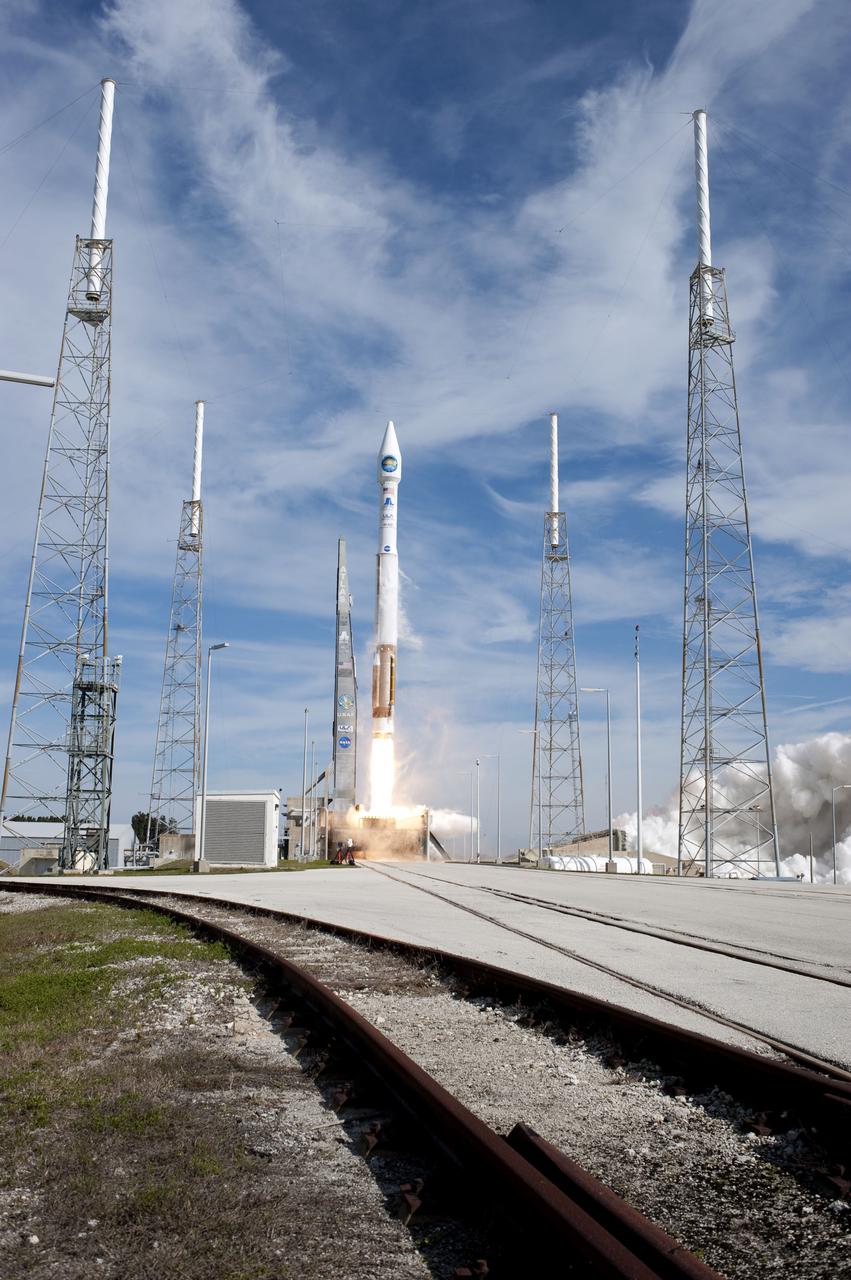 CAPE CANAVERAL, Fla. – NASA's Solar Dynamics Observatory begins its climb to orbit from Launch Complex 41 on Cape Canaveral Air Force Station at 10:23 a.m. EST Feb. 11 atop a United Launch Alliance Atlas V rocket. This is the 100th launch of a commercial Atlas_Centaur rocket. The observatory, known as SDO, is the first mission in NASA's Living With a Star Program and is designed to study the causes of solar variability and its impacts on Earth. The spacecraft's long-term measurements will give solar scientists in-depth information to help characterize the interior of the Sun, the Sun's magnetic field, the hot plasma of the solar corona, and the density of radiation that creates the ionosphere of the planets. The information will be used to create better forecasts of space weather needed to protect the aircraft, satellites and astronauts living and working in space. For information on SDO, visit http:__www.nasa.gov_sdo. Photo credit: NASA_Sandra Joseph and Tony Gray