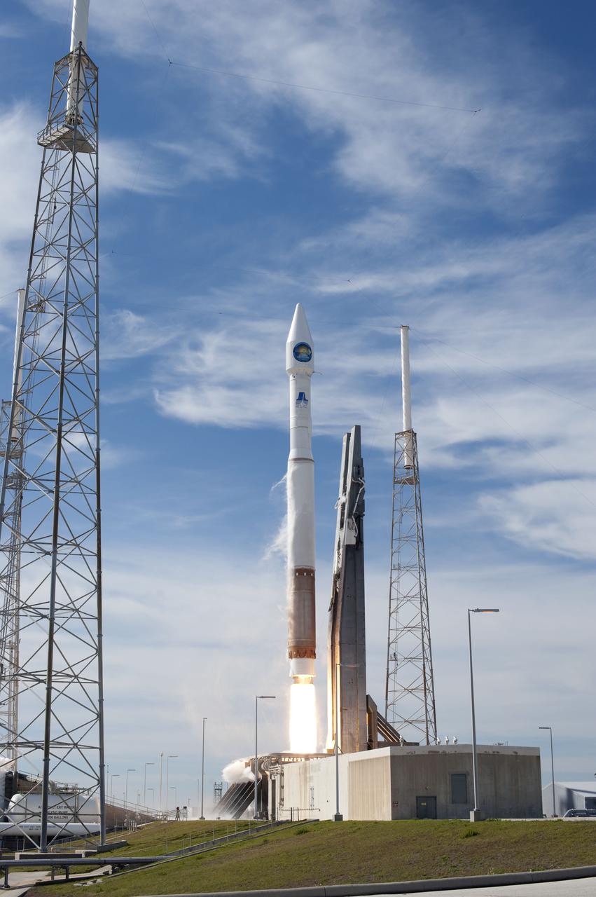 CAPE CANAVERAL, Fla. – The United Launch Alliance Atlas V rocket carrying NASA's Solar Dynamics Observatory levitates off Launch Complex 41 on Cape Canaveral Air Force Station as its engines ignite. Liftoff was at 10:23 a.m. EST Feb. 11.  This is the 100th launch of a commercial Atlas_Centaur rocket.  The observatory, known as SDO, is the first mission in NASA's Living With a Star Program and is designed to study the causes of solar variability and its impacts on Earth. The spacecraft's long-term measurements will give solar scientists in-depth information to help characterize the interior of the Sun, the Sun's magnetic field, the hot plasma of the solar corona, and the density of radiation that creates the ionosphere of the planets. The information will be used to create better forecasts of space weather needed to protect the aircraft, satellites and astronauts living and working in space. For information on SDO, visit http:__www.nasa.gov_sdo.  Photo credit: NASA_Sandra Joseph and Tony Gray