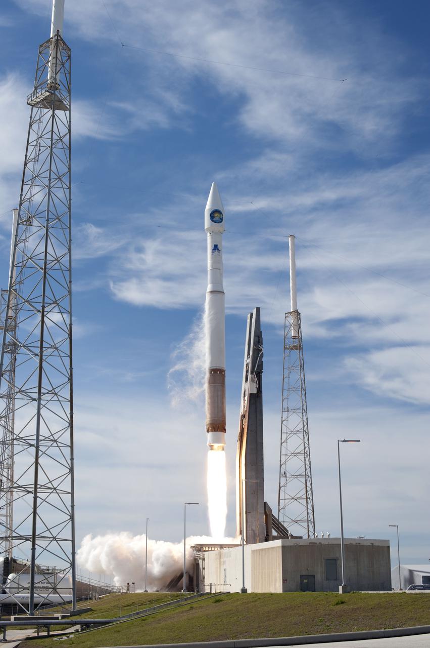 CAPE CANAVERAL, Fla. – The United Launch Alliance Atlas V rocket carrying NASA's Solar Dynamics Observatory defies gravity at Launch Complex 41 on Cape Canaveral Air Force Station as its engines ignite. Liftoff was at 10:23 a.m. EST Feb. 11. This is the 100th launch of a commercial Atlas_Centaur rocket. The observatory, known as SDO, is the first mission in NASA's Living With a Star Program and is designed to study the causes of solar variability and its impacts on Earth. The spacecraft's long-term measurements will give solar scientists in-depth information to help characterize the interior of the Sun, the Sun's magnetic field, the hot plasma of the solar corona, and the density of radiation that creates the ionosphere of the planets. The information will be used to create better forecasts of space weather needed to protect the aircraft, satellites and astronauts living and working in space. For information on SDO, visit http:__www.nasa.gov_sdo. Photo credit: NASA_Sandra Joseph and Tony Gray