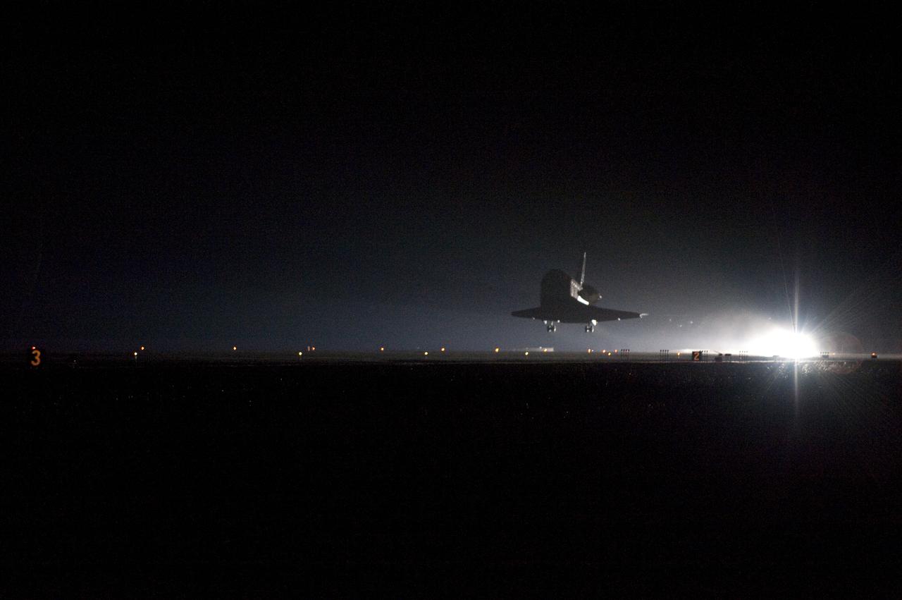 CAPE CANAVERAL, Fla. - With landing gear down, space shuttle Endeavour approaches Runway 15 at the Shuttle Landing Facility at NASA's Kennedy Space Center in Florida after 14 days in space, completing the 5.7-million-mile STS-130 mission on orbit 217. Main gear touchdown was at 10:20:31 p.m. EST followed by nose gear touchdown at 10:20:39 p.m. and wheels stop at 10:22:10 p.m. It was the 23rd night landing in shuttle history and the 17th at Kennedy. Aboard are Commander George Zamka; Pilot Terry Virts; and Mission Specialists Robert Behnken, Nicholas Patrick, Kathryn Hire and Stephen Robinson. During Endeavour's STS-130 mission, astronauts installed the Tranquility node, a module that provides additional room for crew members and many of the station's life support and environmental control systems. Attached to Tranquility is a cupola with seven windows that provide a panoramic view of Earth, celestial objects and visiting spacecraft. The module was built in Turin, Italy, by Thales Alenia Space for the European Space Agency. The orbiting laboratory is approximately 90 percent complete now in terms of mass. STS-130 was the 24th flight for Endeavour, the 32nd shuttle mission devoted to ISS assembly and maintenance, and the 130th shuttle mission to date. For information on the STS-130 mission and crew, visit http:__www.nasa.gov_mission_pages_shuttle_shuttlemissions_sts130_index.html. Photo credit: NASA_ Tom Farrar Jr.