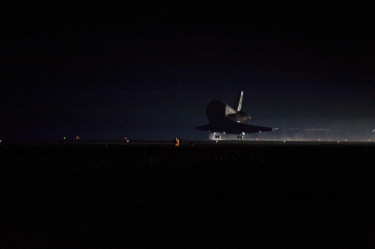 CAPE CANAVERAL, Fla. - Space shuttle Endeavour lands on Runway 15 at the Shuttle Landing Facility at NASA's Kennedy Space Center in Florida after 14 days in space, completing the 5.7-million-mile STS-130 mission to the International Space Station on orbit 217. Main gear touchdown was at 10:20:31 p.m. EST followed by nose gear touchdown at 10:20:39 p.m. and wheels stop at 10:22:10 p.m. It was the 23rd night landing in shuttle history and the 17th at Kennedy. Aboard are Commander George Zamka; Pilot Terry Virts; and Mission Specialists Robert Behnken, Nicholas Patrick, Kathryn Hire and Stephen Robinson. During Endeavour's STS-130 mission, astronauts installed the Tranquility node, a module that provides additional room for crew members and many of the station's life support and environmental control systems. Attached to Tranquility is a cupola with seven windows that provide a panoramic view of Earth, celestial objects and visiting spacecraft. The module was built in Turin, Italy, by Thales Alenia Space for the European Space Agency. The orbiting laboratory is approximately 90 percent complete now in terms of mass. STS-130 was the 24th flight for Endeavour, the 32nd shuttle mission devoted to ISS assembly and maintenance, and the 130th shuttle mission to date. For information on the STS-130 mission and crew, visit http:__www.nasa.gov_mission_pages_shuttle_shuttlemissions_sts130_index.html. Photo credit: NASA_ Tom Farrar Jr.