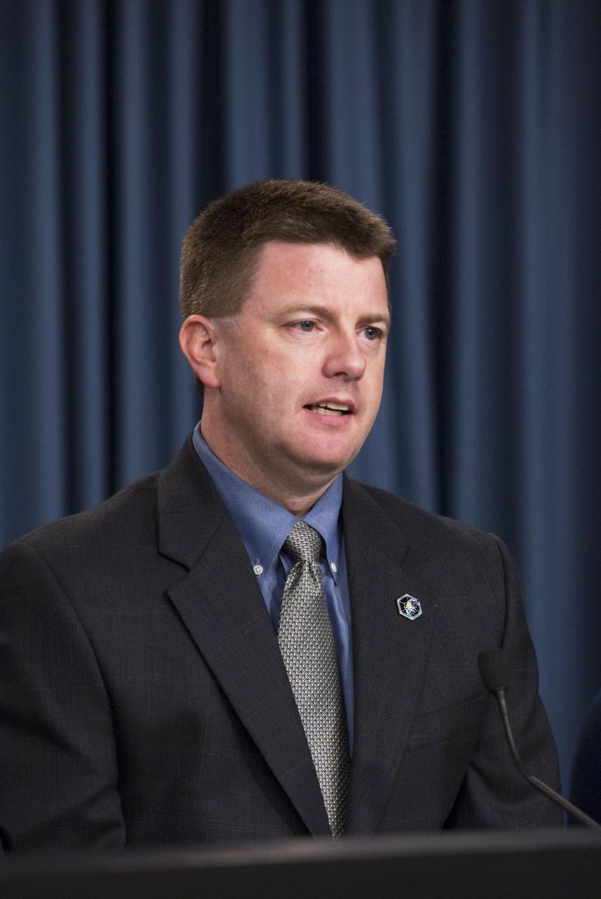 CAPE CANAVERAL, Fla. - In the Press Site auditorium at NASA's Kennedy Space Center in Florida, Mike Moses, NASA space shuttle launch integration manager, participates in a news conference following the successful landing of space shuttle Endeavour.  Endeavour touched down on Runway 15 at Kennedy's Shuttle Landing Facility at 10:20 p.m. EST Feb. 21, completing the 5.7-million-mile STS-130 mission on orbit 217.  It was the 23rd night landing in shuttle history and the 17th at Kennedy.  During Endeavour's STS-130 mission, astronauts installed the Tranquility node, a module that provides additional room for crew members and many of the station's life support and environmental control systems. Attached to Tranquility is a cupola with seven windows that provide a panoramic view of Earth, celestial objects and visiting spacecraft. The module was built in Turin, Italy, by Thales Alenia Space for the European Space Agency.  The orbiting laboratory is approximately 90 percent complete now in terms of mass.  STS-130 was the 24th flight for Endeavour, the 32nd shuttle mission devoted to ISS assembly and maintenance, and the 130th shuttle mission to date.  For information on the STS-130 mission and crew, visit http:__www.nasa.gov_mission_pages_shuttle_shuttlemissions_sts130_index.html.  Photo credit: NASA_Kim Shiflett