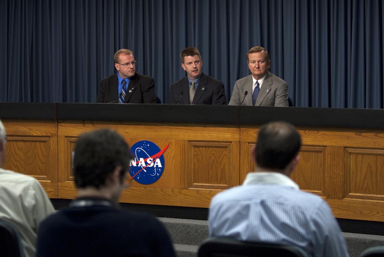 CAPE CANAVERAL, Fla. - In the Press Site auditorium at NASA's Kennedy Space Center in Florida, NASA managers answer questions from the media during a news conference following the successful landing of space shuttle Endeavour.  From left are Allard Beutel, moderator for NASA public affairs; Mike Moses, space shuttle launch integration manager; and Mike Leinbach, shuttle launch director.  Endeavour touched down on Runway 15 at Kennedy's Shuttle Landing Facility at 10:20 p.m. EST Feb. 21, completing the 5.7-million-mile STS-130 mission on orbit 217.  It was the 23rd night landing in shuttle history and the 17th at Kennedy.  During Endeavour's STS-130 mission, astronauts installed the Tranquility node, a module that provides additional room for crew members and many of the station's life support and environmental control systems. Attached to Tranquility is a cupola with seven windows that provide a panoramic view of Earth, celestial objects and visiting spacecraft. The module was built in Turin, Italy, by Thales Alenia Space for the European Space Agency.  The orbiting laboratory is approximately 90 percent complete now in terms of mass.  STS-130 was the 24th flight for Endeavour, the 32nd shuttle mission devoted to ISS assembly and maintenance, and the 130th shuttle mission to date.  For information on the STS-130 mission and crew, visit http:__www.nasa.gov_mission_pages_shuttle_shuttlemissions_sts130_index.html.  Photo credit: NASA_Kim Shiflett
