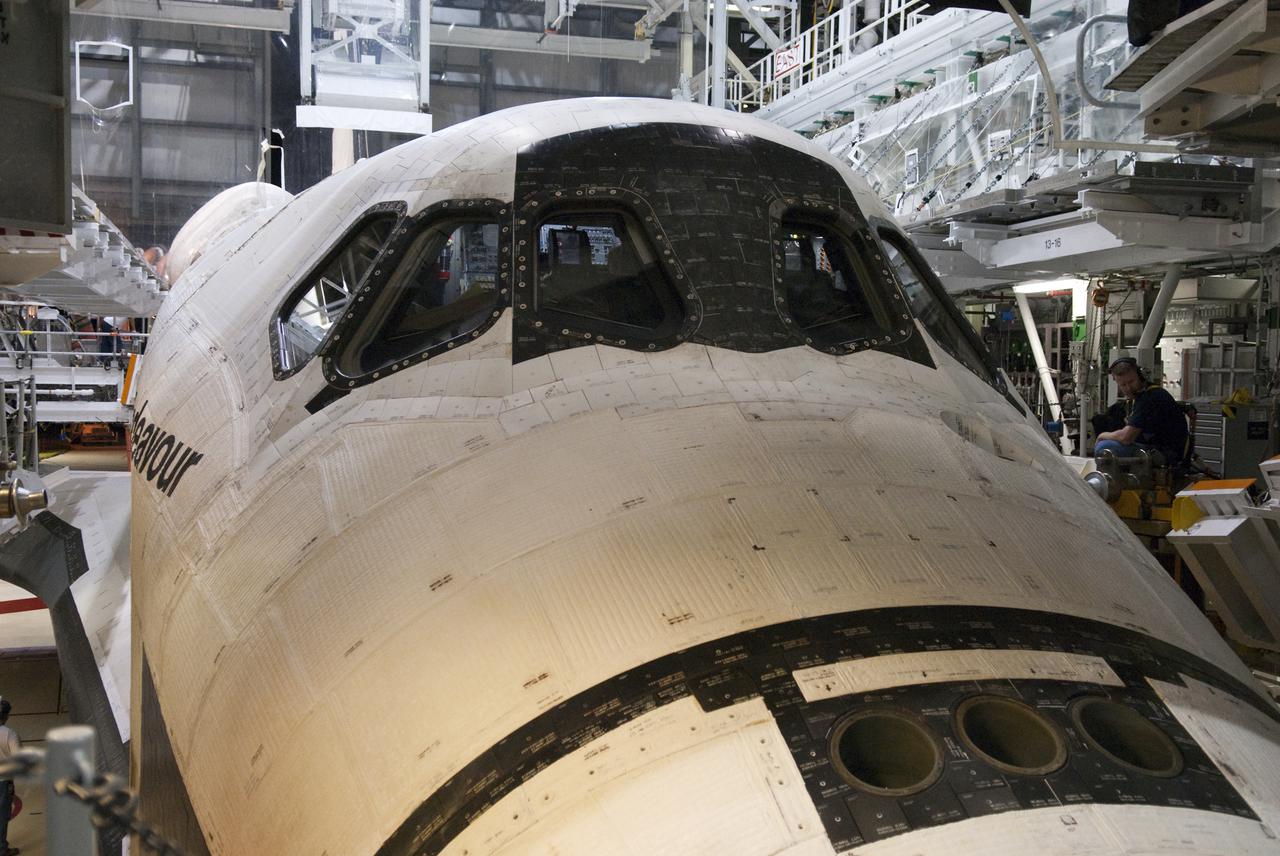 CAPE CANAVERAL, Fla. - In Orbiter Processing Facility-2 at NASA's Kennedy Space Center in Florida, deservicing of space shuttle Endeavour following its STS-130 mission is under way.  Endeavour's touchdown at Kennedy's Shuttle Landing Facility following the STS-130 mission to the International Space Station was at 10:20 p.m. EST Feb. 21.  Processing now will begin for Endeavour's next flight, STS-134.  The six-member STS-134 crew will deliver Express Logistics Carrier 3 and the Alpha Magnetic Spectrometer to the International Space Station, as well as a variety of spare parts including two S-band communications antennas, a high-pressure gas tank, additional spare parts for Dextre and micrometeoroid debris shields. STS-134 will be the 35th shuttle mission to the station and the 133rd flight in the shuttle program.  Launch is targeted for July 29. For information on the STS-134 mission and crew, visit http:__www.nasa.gov_mission_pages_shuttle_shuttlemissions_sts134_index.html.  Photo credit: NASA_Kim Shiflett