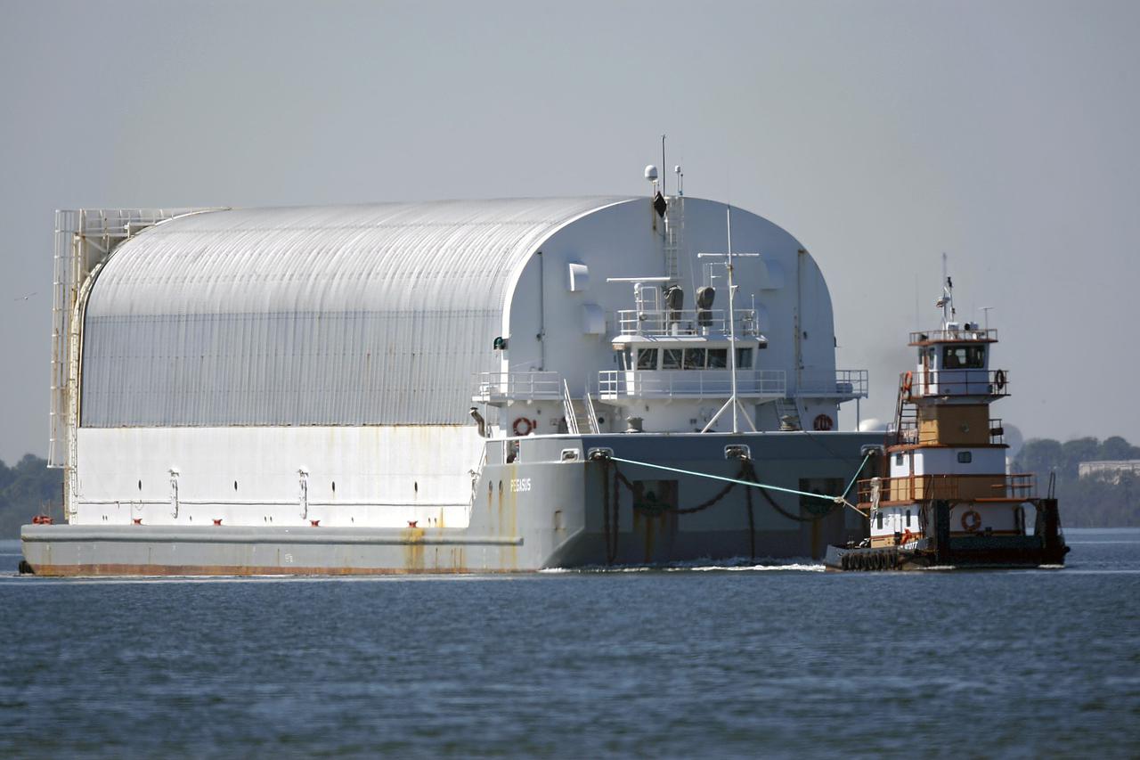 CAPE CANAVERAL, Fla. – The Pegasus barge carrying External Tank-136 arrives near the turn basin at Kennedy Space Center in Florida, from NASA’s Michoud Assembly Facility near New Orleans. ET-136 will be used to launch space shuttle Atlantis on the STS-132 mission to the International Space Station. Launch is targeted for May 14. For more information on the components of the space shuttle and the STS-132 mission, visit http:__www.nasa.gov_mission_pages_shuttle_shuttlemissions_sts132_index.html. Photo credit: NASA_Rusty Backer.