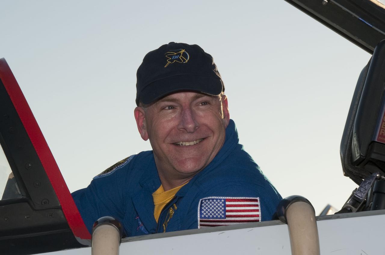 CAPE CANAVERAL, Fla. – STS-131 Commander Alan Poindexter arrives at the Shuttle Landing Facility at NASA’s Kennedy Space Center in Florida aboard a T-38 aircraft.  The STS-131 crew members are at Kennedy for the Terminal Countdown Demonstration Test, or TCDT, a dress rehearsal for launch. The seven-member crew will deliver the Multi-Purpose Logistics Module Leonardo, filled with resupply stowage platforms and racks, to the International Space Station aboard space shuttle Discovery. STS-131, targeted for launch on April 5, will be the 33rd shuttle mission to the station and the 131st shuttle mission overall. For information on the STS-131 mission and crew, visit http:__www.nasa.gov_mission_pages_shuttle_shuttlemissions_sts131_index.html. Photo credit: NASA_Kim Shiflett