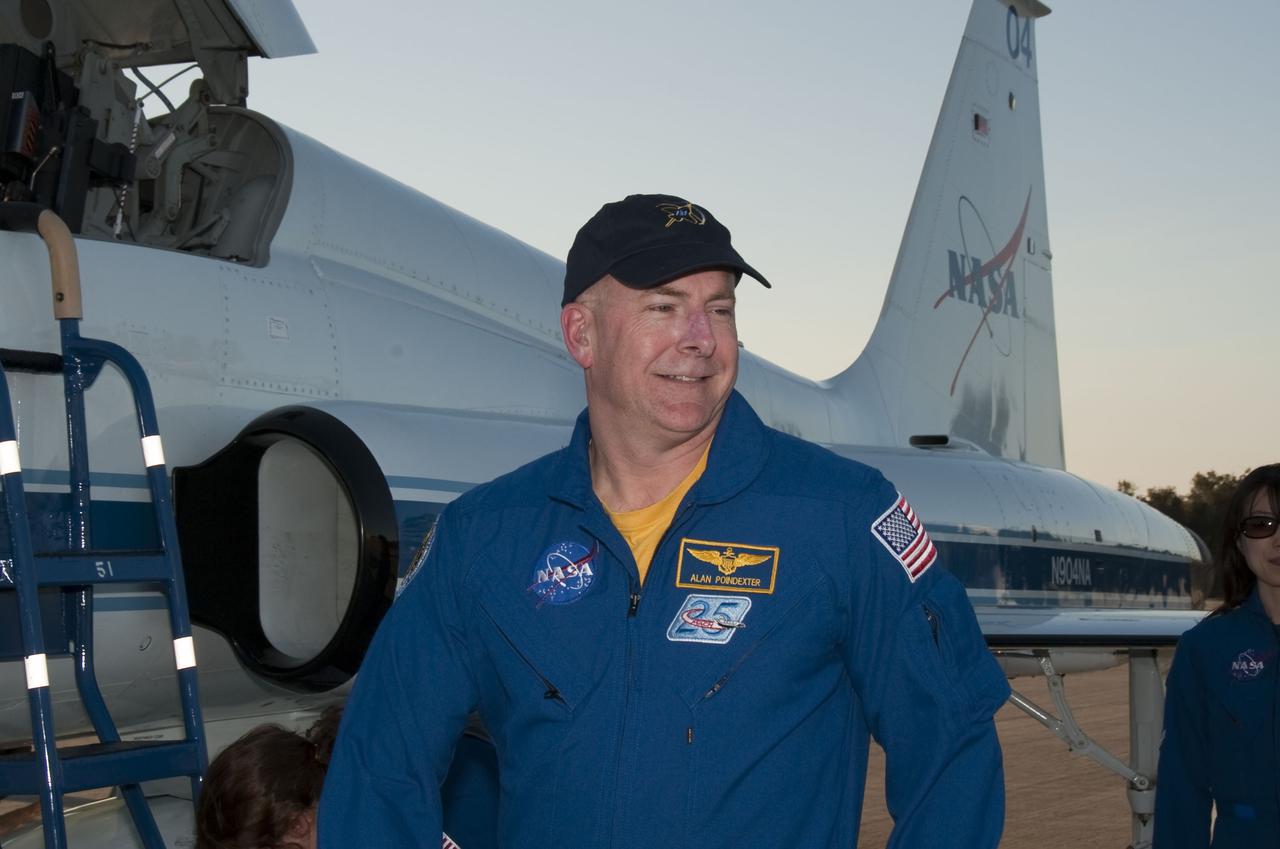 CAPE CANAVERAL, Fla. – STS-131 Commander Alan Poindexter arrives at the Shuttle Landing Facility at NASA’s Kennedy Space Center in Florida aboard a T-38 aircraft.  The STS-131 crew members are at Kennedy for the Terminal Countdown Demonstration Test, or TCDT, a dress rehearsal for launch. The seven-member crew will deliver the Multi-Purpose Logistics Module Leonardo, filled with resupply stowage platforms and racks, to the International Space Station aboard space shuttle Discovery. STS-131, targeted for launch on April 5, will be the 33rd shuttle mission to the station and the 131st shuttle mission overall. For information on the STS-131 mission and crew, visit http:__www.nasa.gov_mission_pages_shuttle_shuttlemissions_sts131_index.html. Photo credit: NASA_Kim Shiflett