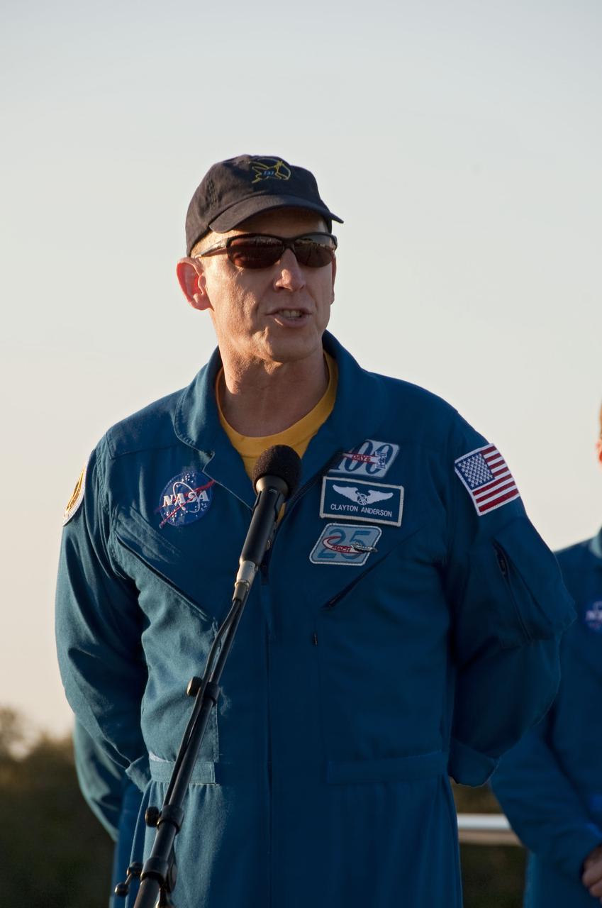 CAPE CANAVERAL, Fla. – STS-131 Mission Specialist Clayton Anderson addresses representatives from the media on hand for his arrival at the Shuttle Landing Facility at NASA’s Kennedy Space Center in Florida.  The STS-131 crew members are at Kennedy for the Terminal Countdown Demonstration Test, or TCDT, a dress rehearsal for launch. The seven-member crew will deliver the Multi-Purpose Logistics Module Leonardo, filled with resupply stowage platforms and racks, to the International Space Station aboard space shuttle Discovery. STS-131, targeted for launch on April 5, will be the 33rd shuttle mission to the station and the 131st shuttle mission overall. For information on the STS-131 mission and crew, visit http:__www.nasa.gov_mission_pages_shuttle_shuttlemissions_sts131_index.html. Photo credit: NASA_Kim Shiflett