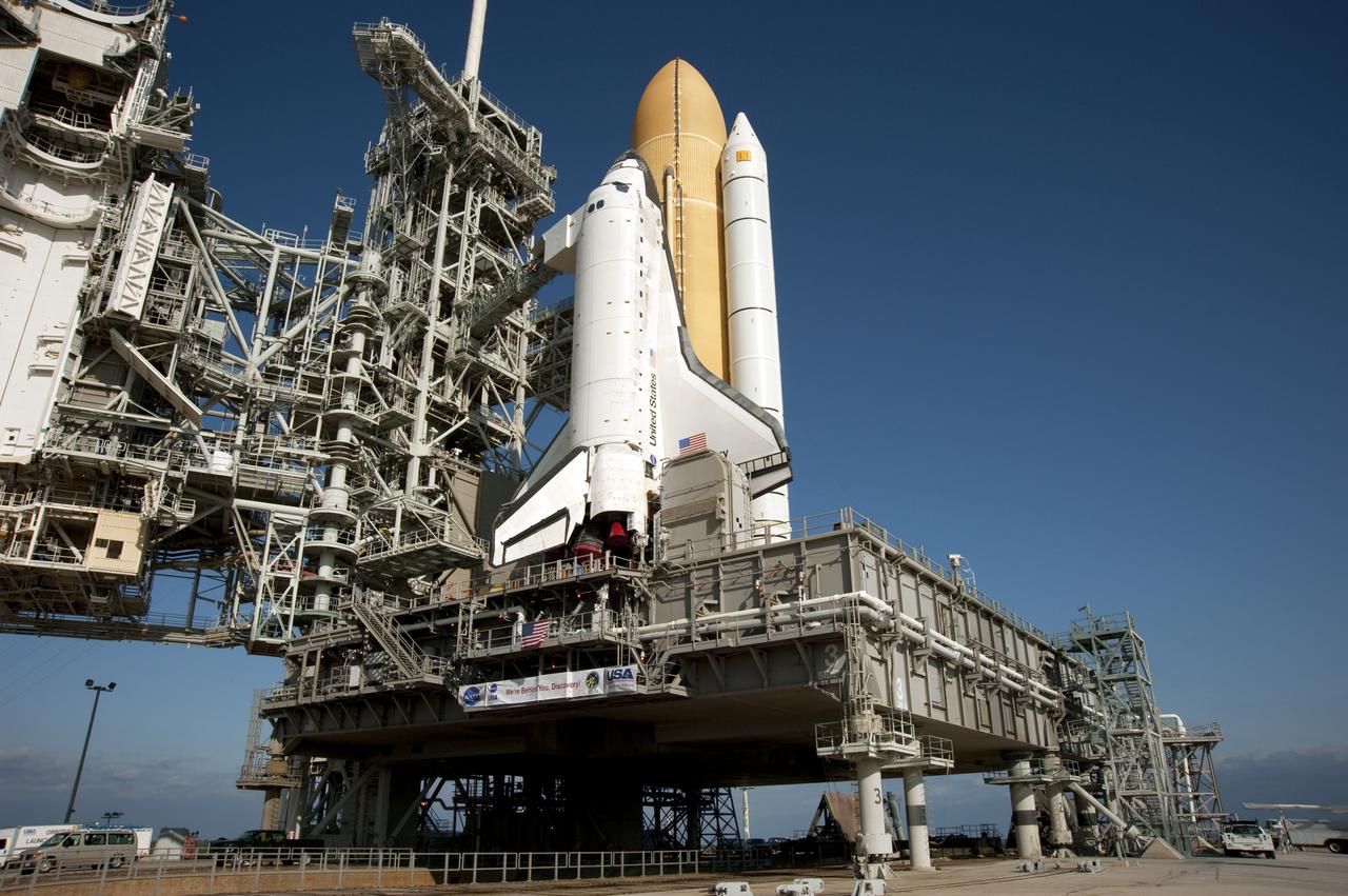 STS-131 DISCOVERY AT PAD 39A AFTER ROLLOUT - HARDDOWN