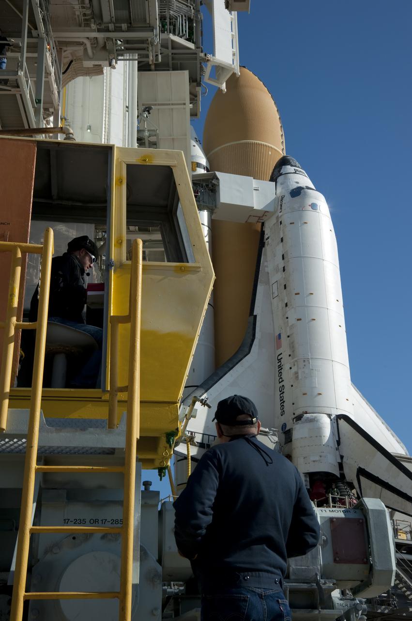STS-131 DISCOVERY AT PAD 39A AFTER ROLLOUT - HARDDOWN