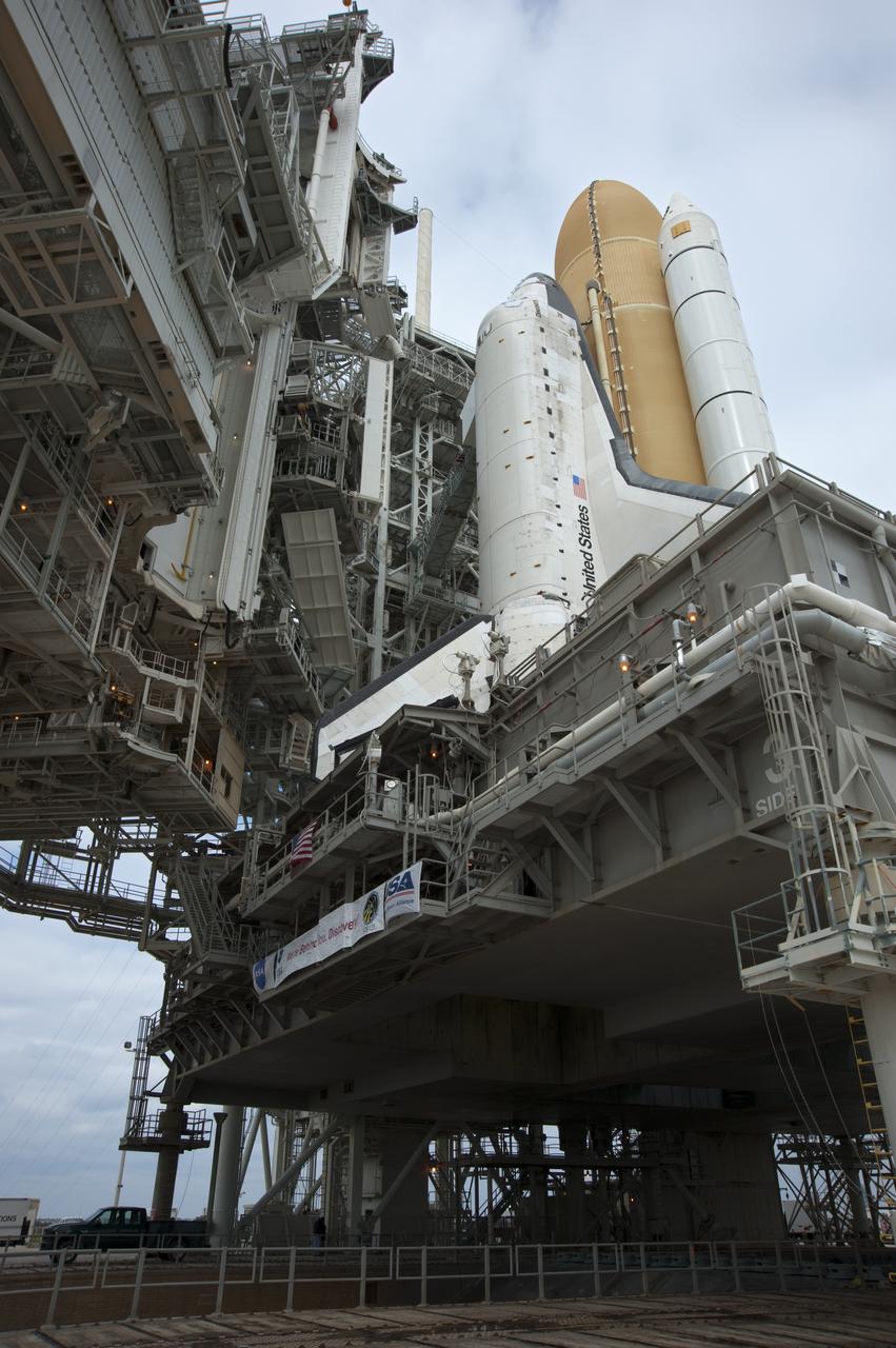 STS-131 DISCOVERY AT PAD 39A AFTER ROLLOUT - HARDDOWN