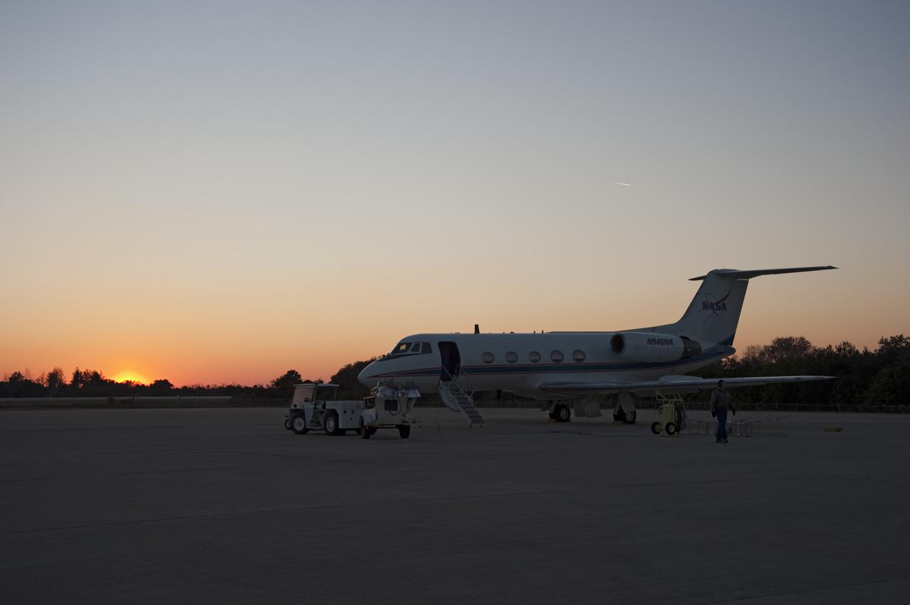 CAPE CANAVERAL, Fla. - As the sun sets at the Shuttle Landing Facility at NASA's Kennedy Space Center in Florida, preparations are under way for STS-131 Commander Alan Poindexter and Pilot James P. Dutton Jr. to practice landing this Shuttle Training Aircraft, or STA. STS-131 will be Poindexter's second space shuttle flight and Dutton's first.  The aircraft is a Gulfstream II jet, modified to handle like the space shuttle.  The crew members of space shuttle Discovery's STS-131 mission are at Kennedy for training related to their launch dress rehearsal, the Terminal Countdown Demonstration Test.  The seven-member crew will deliver the multi-purpose logistics module Leonardo, filled with resupply stowage platforms and racks, to the International Space Station aboard Discovery. Targeted for launch on April 5, STS-131 will be the 33rd shuttle mission to the station and the 131st shuttle mission overall. For information on the STS-131 mission and crew, visit http:__www.nasa.gov_mission_pages_shuttle_shuttlemissions_sts131_index.html. Photo credit: NASA_Kim Shiflett