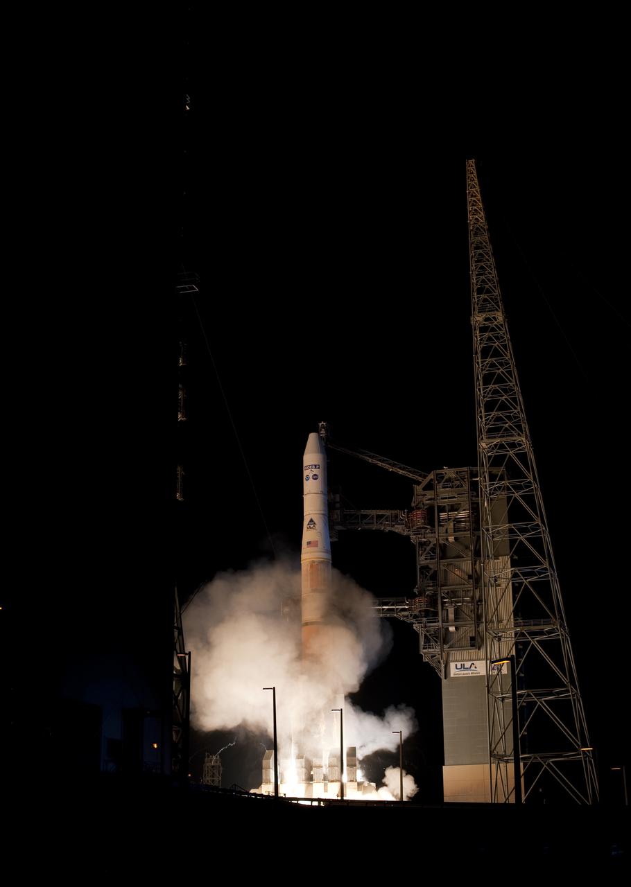 CAPE CANAVERAL, Fla. – The base of the United Launch Alliance Delta IV rocket carrying NASA's GOES-P meteorological satellite is engulfed in its exhaust cloud as it lifts off Launch Complex 37 on Cape Canaveral Air Force Station in Florida at 6:57 p.m. EST. GOES-P, the latest Geostationary Operational Environmental Satellite, was developed by NASA for the National Oceanic and Atmospheric Administration, or NOAA. The GOES-P spacecraft will be placed in a 22,300-mile-high geosynchronous orbit where it will appear to hover over a single point on Earth. The spacecraft is outfitted with a complex suite of observation instruments and cameras so it can accurately report on weather and climate conditions on Earth. For information on GOES-P, visit http:__www.nasa.gov_mission_pages_GOES-P_main_index.html. Photo credit: NASA_Sandra Joseph and Tony Gray