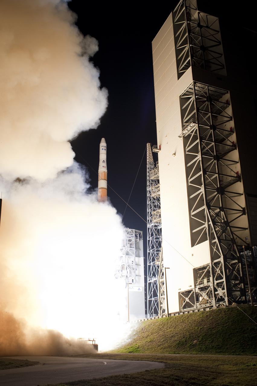 CAPE CANAVERAL, Fla. – An exhaust cloud builds at Launch Complex 37 on Cape Canaveral Air Force Station in Florida as the United Launch Alliance Delta IV rocket carrying NASA's GOES-P meteorological satellite lifts off at 6:57 p.m. EST. GOES-P, the latest Geostationary Operational Environmental Satellite, was developed by NASA for the National Oceanic and Atmospheric Administration, or NOAA. The GOES-P spacecraft will be placed in a 22,300-mile-high geosynchronous orbit where it will appear to hover over a single point on Earth. The spacecraft is outfitted with a complex suite of observation instruments and cameras so it can accurately report on weather and climate conditions on Earth. For information on GOES-P, visit http:__www.nasa.gov_mission_pages_GOES-P_main_index.html. Photo credit: NASA_Sandra Joseph and Tony Gray