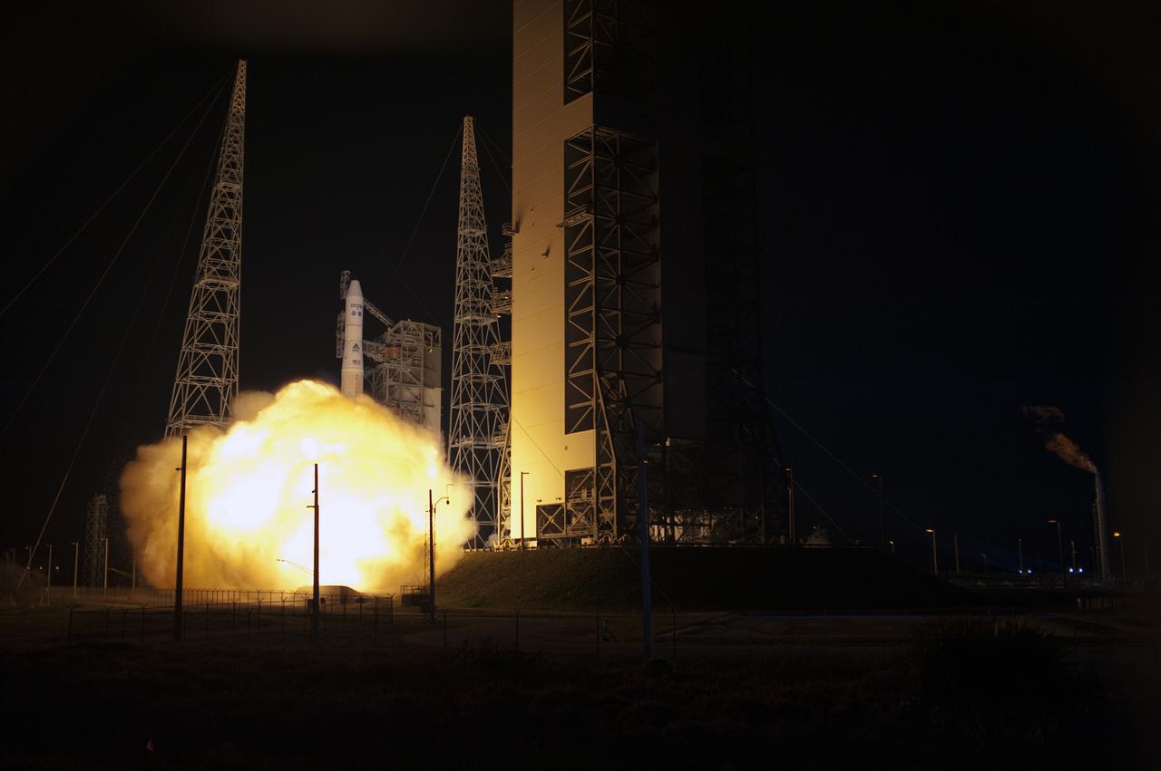 CAPE CANAVERAL, Fla. – The base of the United Launch Alliance Delta IV rocket carrying NASA's GOES-P meteorological satellite is engulfed in a brilliant exhaust cloud as it lifts off Launch Complex 37 on Cape Canaveral Air Force Station in Florida at 6:57 p.m. EST. GOES-P, the latest Geostationary Operational Environmental Satellite, was developed by NASA for the National Oceanic and Atmospheric Administration, or NOAA. The GOES-P spacecraft will be placed in a 22,300-mile-high geosynchronous orbit where it will appear to hover over a single point on Earth. The spacecraft is outfitted with a complex suite of observation instruments and cameras so it can accurately report on weather and climate conditions on Earth. For information on GOES-P, visit http:__www.nasa.gov_mission_pages_GOES-P_main_index.html. Photo credit: NASA_Sandra Joseph and Tony Gray