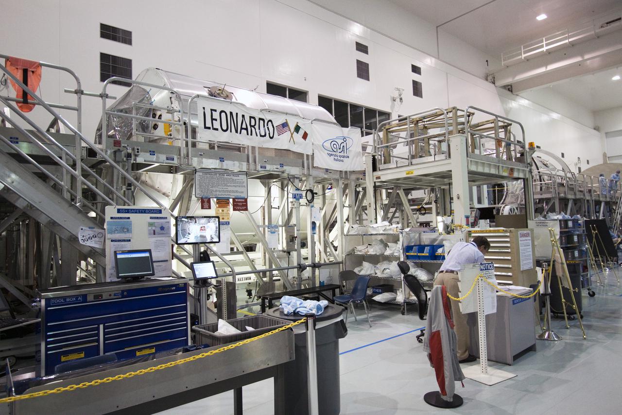 CAPE CANAVERAL, Fla. - In the Space Station Processing Facility at NASA's Kennedy Space Center in Florida, preparations are under way to move the multi-purpose logistics module Leonardo into a payload canister.  Leonardo will be transported to Launch Pad 39A and installed into space shuttle Discovery for its upcoming flight.  The seven-member STS-131 crew will deliver Leonardo, filled with resupply stowage platforms and racks, to the International Space Station.  STS-131 will be the 33rd shuttle mission to the station and the 131st shuttle mission overall. Launch is targeted for April 5.  For information on the STS-131 mission and crew, visit http:__www.nasa.gov_mission_pages_shuttle_shuttlemissions_sts131_index.html.  Photo credit: NASA_Jack Pfaller