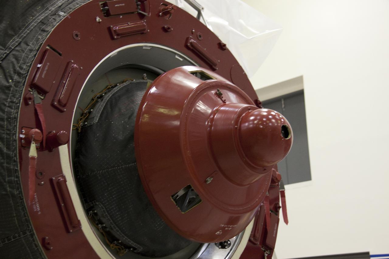 CAPE CANAVERAL, Fla. – In the Astrotech payload processing facility at Port Canaveral, Fla., the hatch on the Russian-built Mini-Research Module-1, or MRM-1, is closed for flight. The six-member crew of space shuttle Atlantis' STS-132 mission will deliver an Integrated Cargo Carrier and the MRM-1, known as Rassvet, to the International Space Station. The second in a series of new pressurized components for Russia, MRM-1 will be permanently attached to the Earth-facing port of the Zarya control module. Rassvet, which translates to 'dawn,' will be used for cargo storage and will provide an additional docking port to the station. STS-132 is the 34th mission to the station and the 132nd space shuttle mission. Launch is targeted for May 14. For information on the STS-132 mission, visit http:__www.nasa.gov_mission_pages_shuttle_shuttlemissions_sts132_index.html. Photo credit: NASA_Troy Cryder