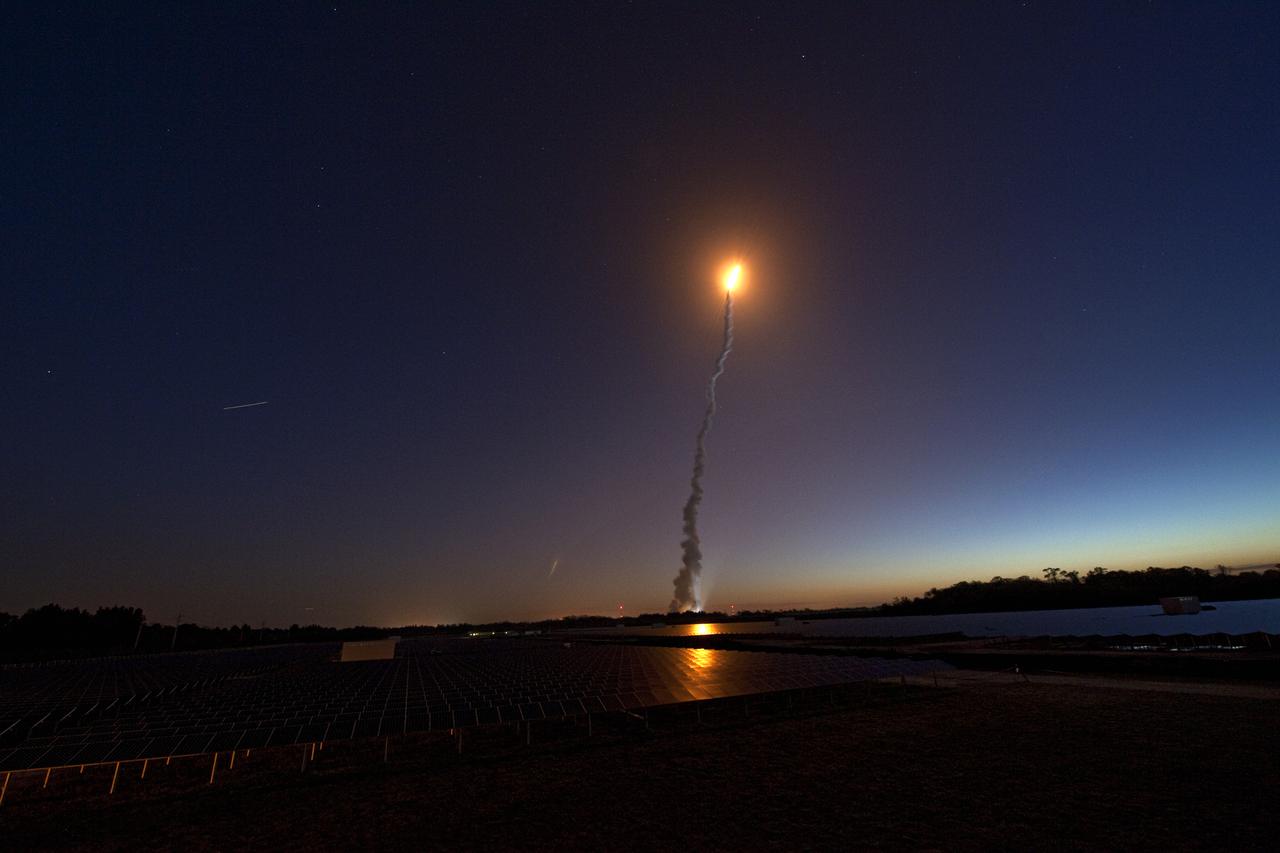 CAPE CANAVERAL, Fla.  - The launch of space shuttle Discovery on the STS-131 mission was captured from a field of Florida Power and Light solar panels (foreground) off of S.R. 3 at NASA's Kennedy Space Center in Florida.  NASA and FPL are members of a public-private partnership that promotes a clean-energy future and this site will produce an estimated 10 megawatts of emissions-free power for FPandL customers.  Shuttle Discovery lifted off at 6:21 a.m. EDT on April 5, 2010. The seven-member STS-131 crew will deliver the multi-purpose logistics module Leonardo, filled with supplies, a new crew sleeping quarters and science racks that will be transferred to the International Space Station's laboratories. The crew also will switch out a gyroscope on the station’s truss, install a spare ammonia storage tank and retrieve a Japanese experiment from the station’s exterior. STS-131 is the 33rd shuttle mission to the station and the 131st shuttle mission overall. For information on the STS-131 mission and crew, visit http:__www.nasa.gov_mission_pages_shuttle_shuttlemissions_sts131_index.html. Photo credit: Courtesy of Adam Nehr