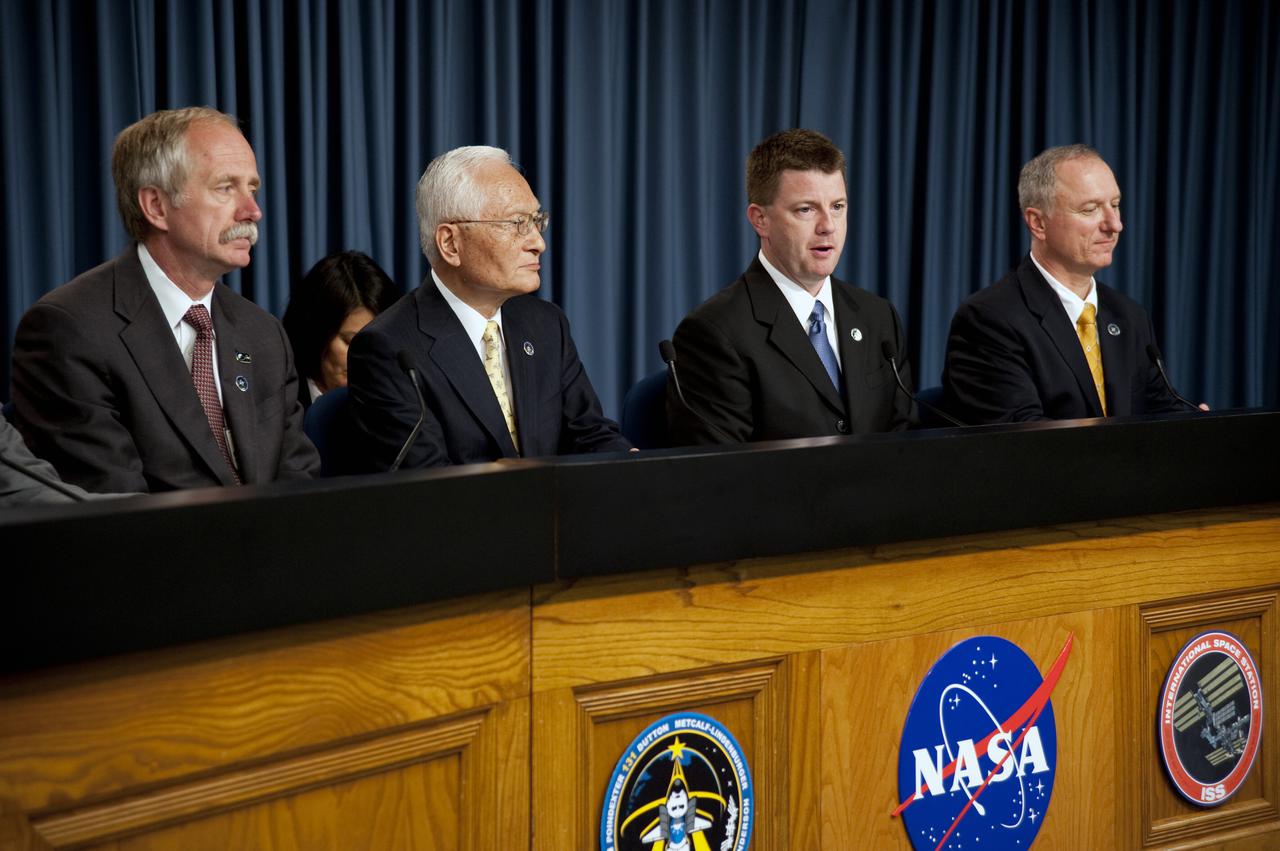 CAPE CANAVERAL, Fla.  - NASA managers participate in a news conference in the Press Site auditorium at NASA's Kennedy Space Center in Florida following the successful launch of space shuttle Discovery. From left are Bill Gerstenmaier, associate administrator for Space Operations; Japan Aerospace Exploration Agency President Keiji Tachikawa; Mike Moses, shuttle launch integration manager; and Pete Nickolenko, STS-131 launch director.  Shuttle Discovery lifted off at 6:21 a.m. EDT on April 5, 2010. The seven-member STS-131 crew will deliver the multi-purpose logistics module Leonardo, filled with supplies, a new crew sleeping quarters and science racks that will be transferred to the International Space Station's laboratories. The crew also will switch out a gyroscope on the station’s truss, install a spare ammonia storage tank and retrieve a Japanese experiment from the station’s exterior. STS-131 is the 33rd shuttle mission to the station and the 131st shuttle mission overall. For information on the STS-131 mission and crew, visit http:__www.nasa.gov_mission_pages_shuttle_shuttlemissions_sts131_index.html.  Photo credit: NASA_Kim Shiflett