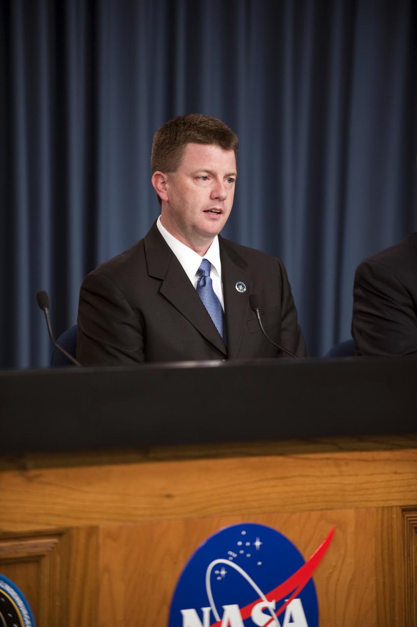 CAPE CANAVERAL, Fla.  - Mike Moses, shuttle launch integration manager speaks to the media during a post-launch news conference in the Press Site auditorium at NASA's Kennedy Space Center in Florida following the successful liftoff of space shuttle Discovery.  Shuttle Discovery lifted off at 6:21 a.m. EDT on April 5, 2010. The seven-member STS-131 crew will deliver the multi-purpose logistics module Leonardo, filled with supplies, a new crew sleeping quarters and science racks that will be transferred to the International Space Station's laboratories. The crew also will switch out a gyroscope on the station’s truss, install a spare ammonia storage tank and retrieve a Japanese experiment from the station’s exterior. STS-131 is the 33rd shuttle mission to the station and the 131st shuttle mission overall. For information on the STS-131 mission and crew, visit http:__www.nasa.gov_mission_pages_shuttle_shuttlemissions_sts131_index.html.  Photo credit: NASA_Kim Shiflett
