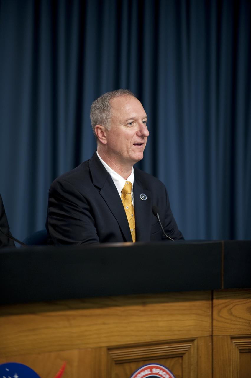 CAPE CANAVERAL, Fla.  - Pete Nickolenko, STS-131 launch director, addresses the media from the Press Site auditorium at NASA's Kennedy Space Center in Florida media after the successful launch of space shuttle Discovery.  Shuttle Discovery lifted off at 6:21 a.m. EDT on April 5, 2010. The seven-member STS-131 crew will deliver the multi-purpose logistics module Leonardo, filled with supplies, a new crew sleeping quarters and science racks that will be transferred to the International Space Station's laboratories. The crew also will switch out a gyroscope on the station’s truss, install a spare ammonia storage tank and retrieve a Japanese experiment from the station’s exterior. STS-131 is the 33rd shuttle mission to the station and the 131st shuttle mission overall. For information on the STS-131 mission and crew, visit http:__www.nasa.gov_mission_pages_shuttle_shuttlemissions_sts131_index.html.  Photo credit: NASA_Kim Shiflett