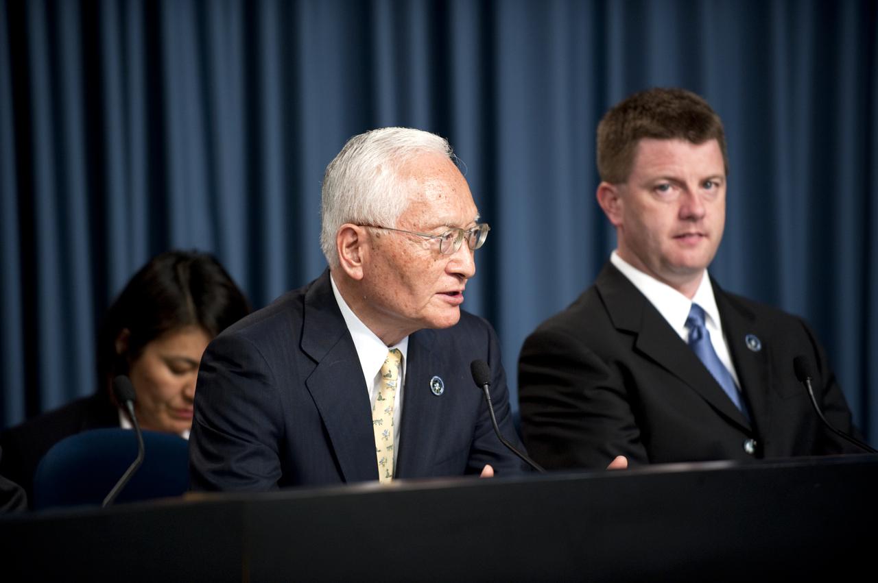 CAPE CANAVERAL, Fla.  - Japan Aerospace Exploration Agency President Keiji Tachikawa speaks to the media during a news conference in the Press Site auditorium at NASA's Kennedy Space Center in Florida following the successful launch of space shuttle Discovery. Mike Moses, shuttle launch integration manager is seated on the right.  Shuttle Discovery lifted off at 6:21 a.m. EDT on April 5, 2010. The seven-member STS-131 crew will deliver the multi-purpose logistics module Leonardo, filled with supplies, a new crew sleeping quarters and science racks that will be transferred to the International Space Station's laboratories. The crew also will switch out a gyroscope on the station’s truss, install a spare ammonia storage tank and retrieve a Japanese experiment from the station’s exterior. STS-131 is the 33rd shuttle mission to the station and the 131st shuttle mission overall. For information on the STS-131 mission and crew, visit http:__www.nasa.gov_mission_pages_shuttle_shuttlemissions_sts131_index.html.  Photo credit: NASA_Kim Shiflett