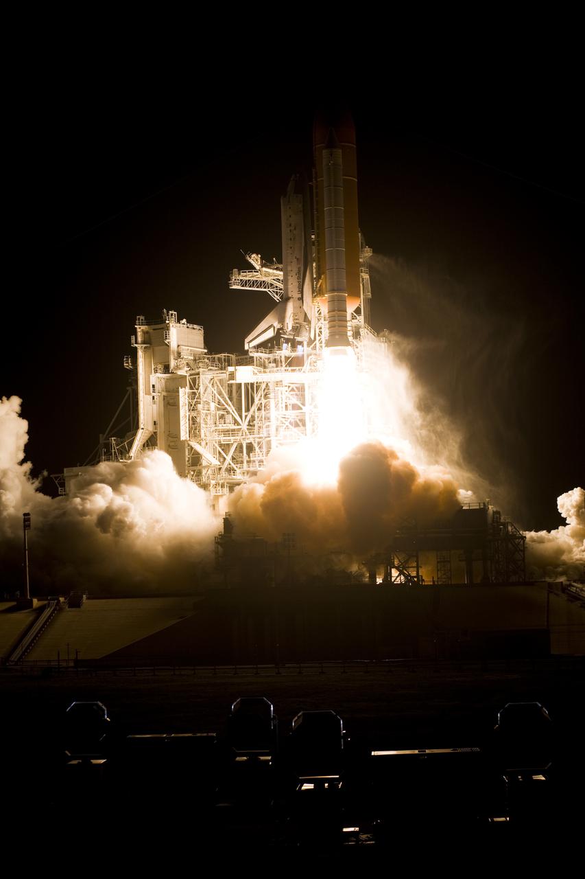 CAPE CANAVERAL, Fla. - Space shuttle Discovery thunders off Launch Pad 39A at NASA's Kennedy Space Center in Florida, its two solid rocket boosters and three main engines generating nearly seven million pounds of thrust.  Liftoff on the STS-131 mission was on time at 6:21 a.m. EDT April 5.  The seven-member crew will deliver the multi-purpose logistics module Leonardo, filled with supplies, a new crew sleeping quarters and science racks that will be transferred to the International Space Station's laboratories.  The crew also will switch out a gyroscope on the station’s truss, install a spare ammonia storage tank and retrieve a Japanese experiment from the station’s exterior.  STS-131 is the 33rd shuttle mission to the station and the 131st shuttle mission overall. For information on the STS-131 mission and crew, visit http:__www.nasa.gov_mission_pages_shuttle_shuttlemissions_sts131_index.html.  Photo courtesy of Scott Andrews
