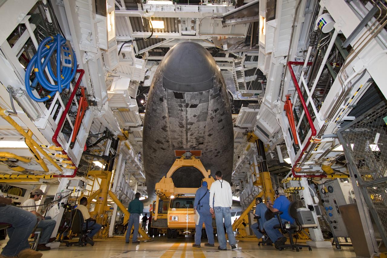 CAPE CANAVERAL, Fla. – In Orbiter Processing Facility-1 at NASA's Kennedy Space Center in Florida, preparations are under way to roll space shuttle Atlantis to the Vehicle Assembly Building, or VAB, where processing for its upcoming STS-132 mission will continue.  In the VAB, Atlantis will be lifted into a high bay where it will be mated to its external fuel tank and solid rocket boosters.  The six-member STS-132 crew will deliver an Integrated Cargo Carrier, or ICC, and the Russian-built Mini-Research Module-1, or MRM-1, to the International Space Station.  The ICC is an unpressurized flat bed pallet and keel yoke assembly used to support the transfer of exterior cargo from the shuttle to the space station.  The MRM-1, known as Rassvet, is the second in a series of new pressurized components for Russia and will be permanently attached to the Earth-facing port of the Zarya control module. Rassvet, which translates to 'dawn,' will be used for cargo storage and will provide an additional docking port to the station.  STS-132 is the 34th mission to the station and the 132nd shuttle mission overall.   Launch is targeted for May 14.  For information on the STS-132 mission, visit http:__www.nasa.gov_mission_pages_shuttle_shuttlemissions_sts132_index.html. Photo credit: NASA_Jack Pfaller