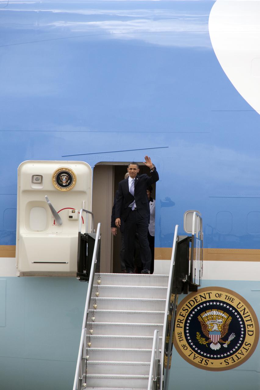CAPE CANAVERAL, Fla. - President Barack Obama disembarks from Air Force One at the Shuttle Landing Facility at NASA's Kennedy Space Center in Florida.  President Obama is at Kennedy to address the participants of the Conference on the American Space Program for the 21st Century on the new course his administration is charting for NASA and the future of U.S. leadership in human spaceflight. Photo credit: NASA_Jack Pfaller
