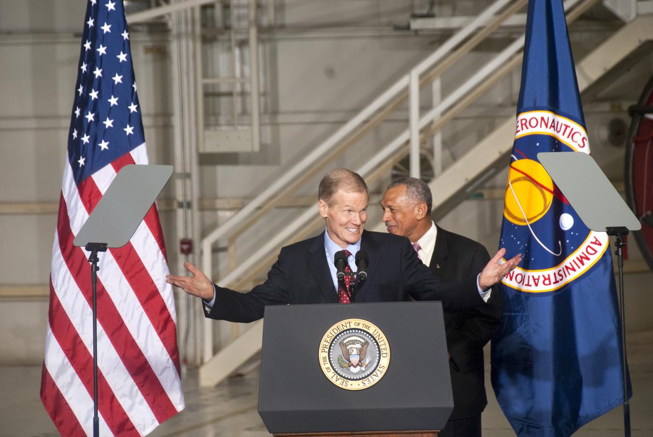 CAPE CANAVERAL, Fla. - In the Operations and Checkout Building at NASA's Kennedy Space Center in Florida, U. S. Sen. Bill Nelson, at the podium, introduces NASA Administrator Charles Bolden to the participants of the Conference on the American Space Program for the 21st Century.  President Barack Obama is at Kennedy to address the participants of the conference on the new course his administration is charting for NASA and the future of U.S. leadership in human spaceflight. Photo credit: NASA_Jim Grossmann