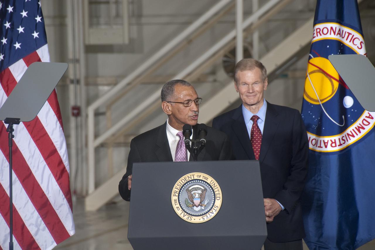 CAPE CANAVERAL, Fla. - In the Operations and Checkout Building at NASA's Kennedy Space Center in Florida, NASA Administrator Charles Bolden, at the podium, introduces President Barack Obama to the participants of the Conference on the American Space Program for the 21st Century.  Behind him is U. S. Sen. Bill Nelson.  President Obama opened the conference with remarks on the new course his administration is charting for NASA and the future of U.S. leadership in human spaceflight. Photo credit: NASA_Jim Grossmann